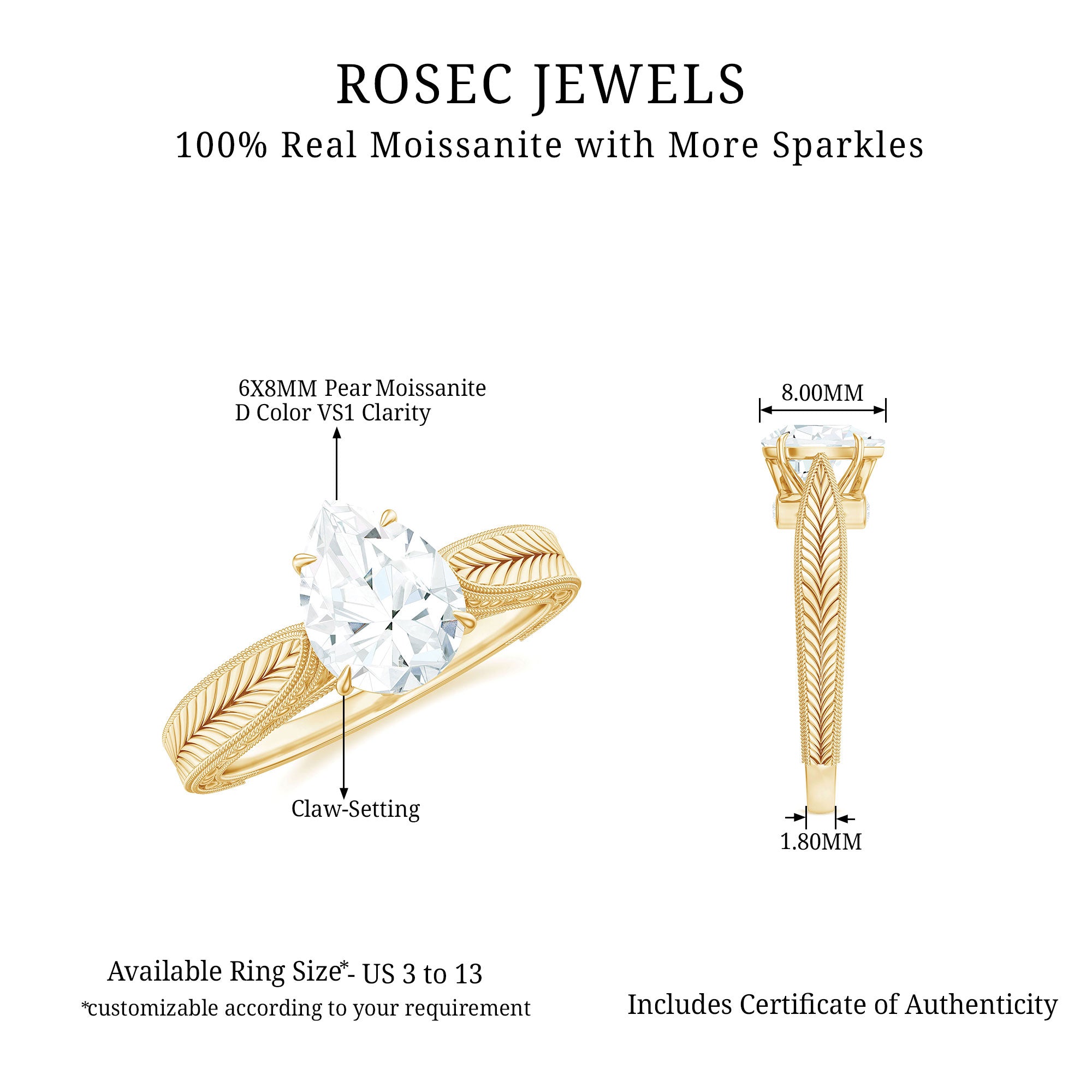 Claw Set Pear Shape Moissanite Engagement Ring D-VS1 - Rosec Jewels