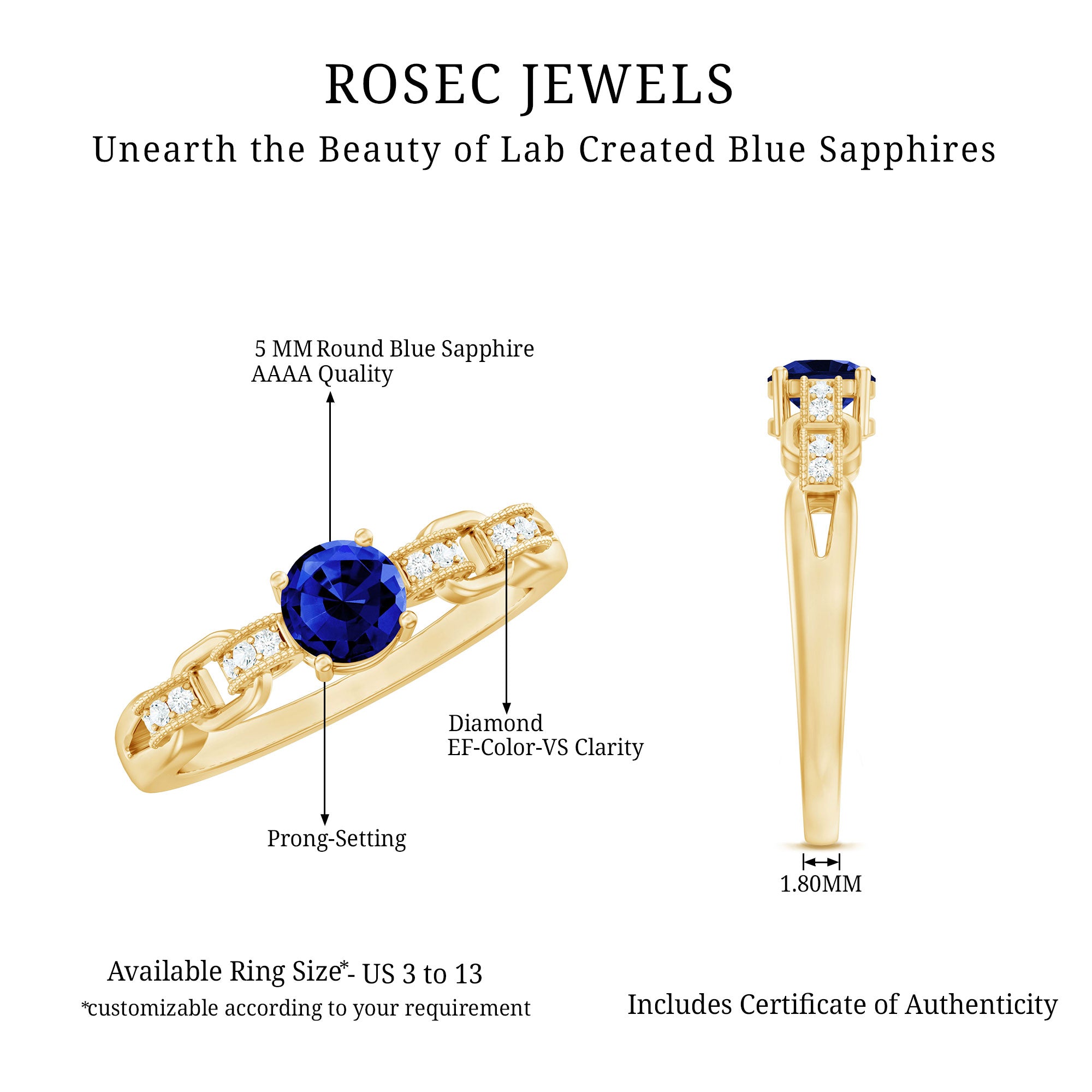 Certified 0.6 Carat Lab Grown Blue Sapphire Promise Ring with Diamond for Women AAAA - Rosec Jewels