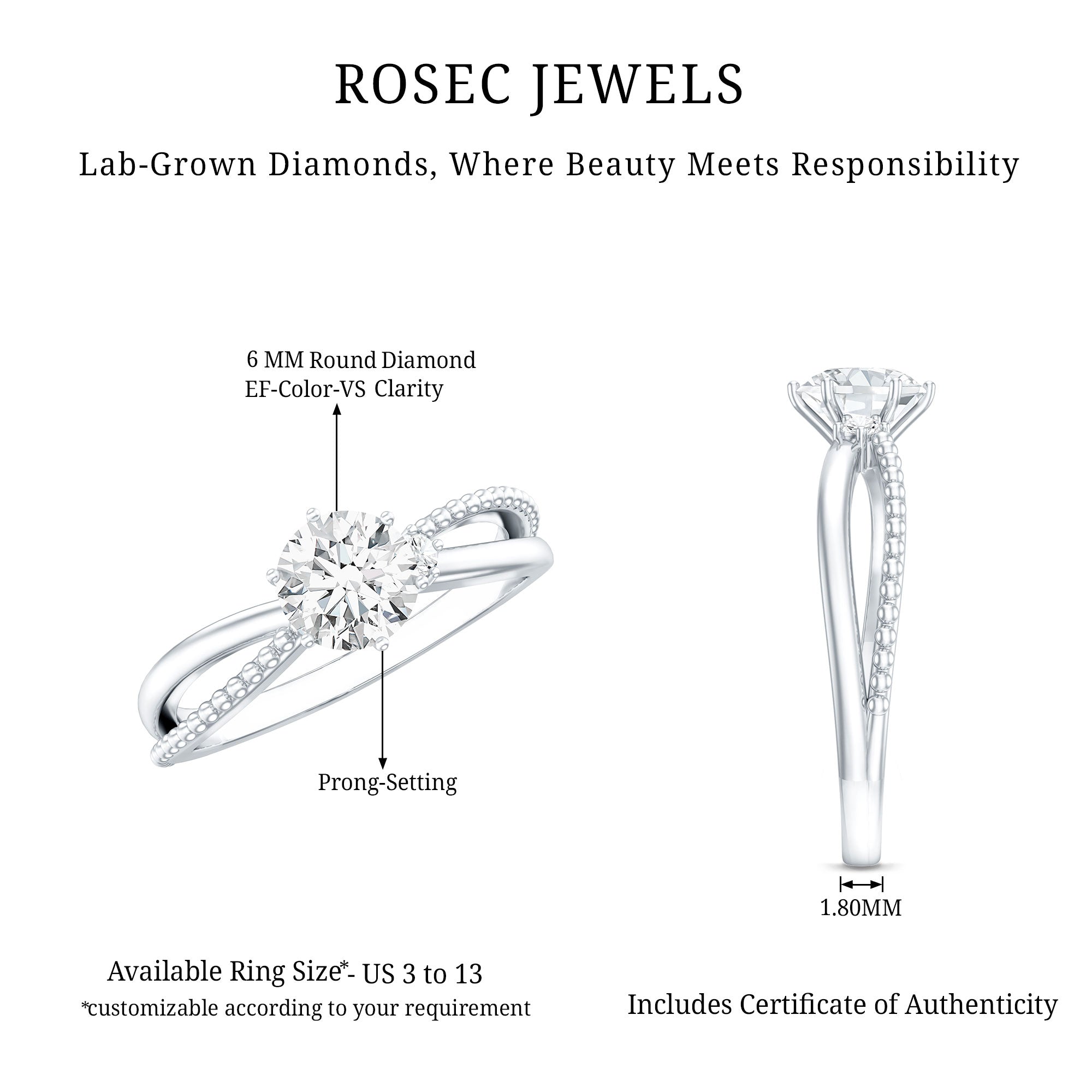 Rosec Jewels-Lab Grown Diamond Solitaire Splt Shank Engagement Ring