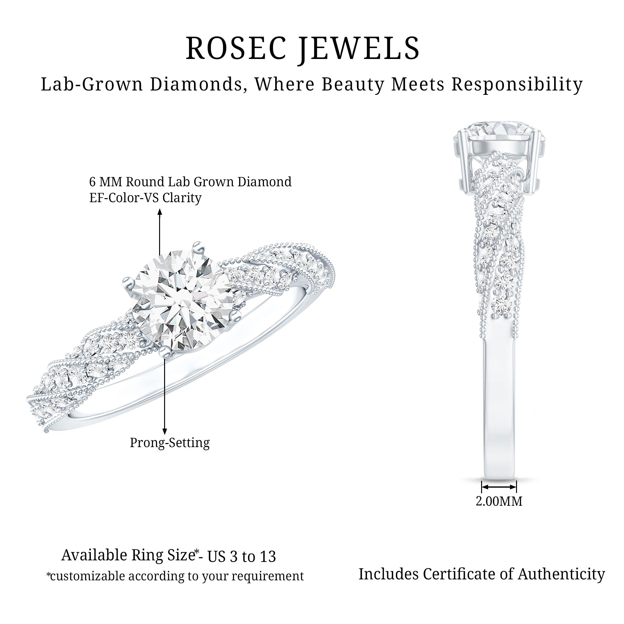 Round Shape Lab Grown Diamond Solitaire Engagement Ring Lab - ( EF-VS ) - Rosec Jewels