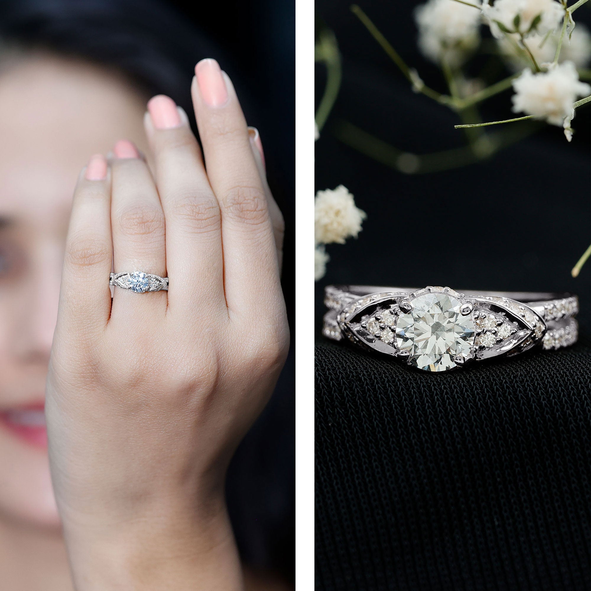 Rosec Jewels-Lab Grown Diamond Round Engagement Ring With Side Stone