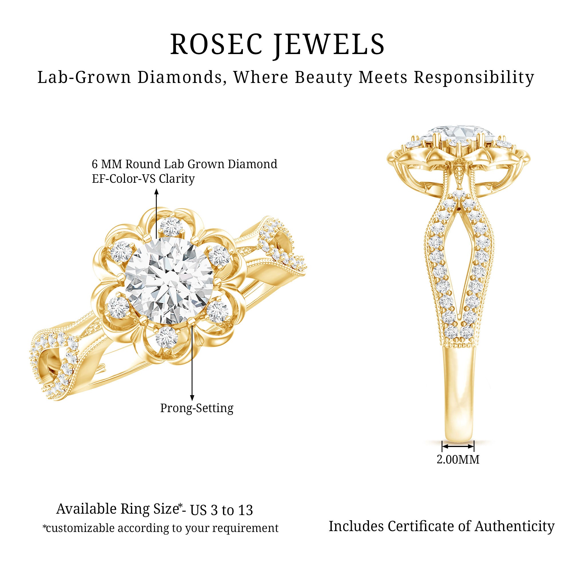 Nature Inspired Lab Grown Diamond Engagement Ring Lab - ( EF-VS ) - Rosec Jewels