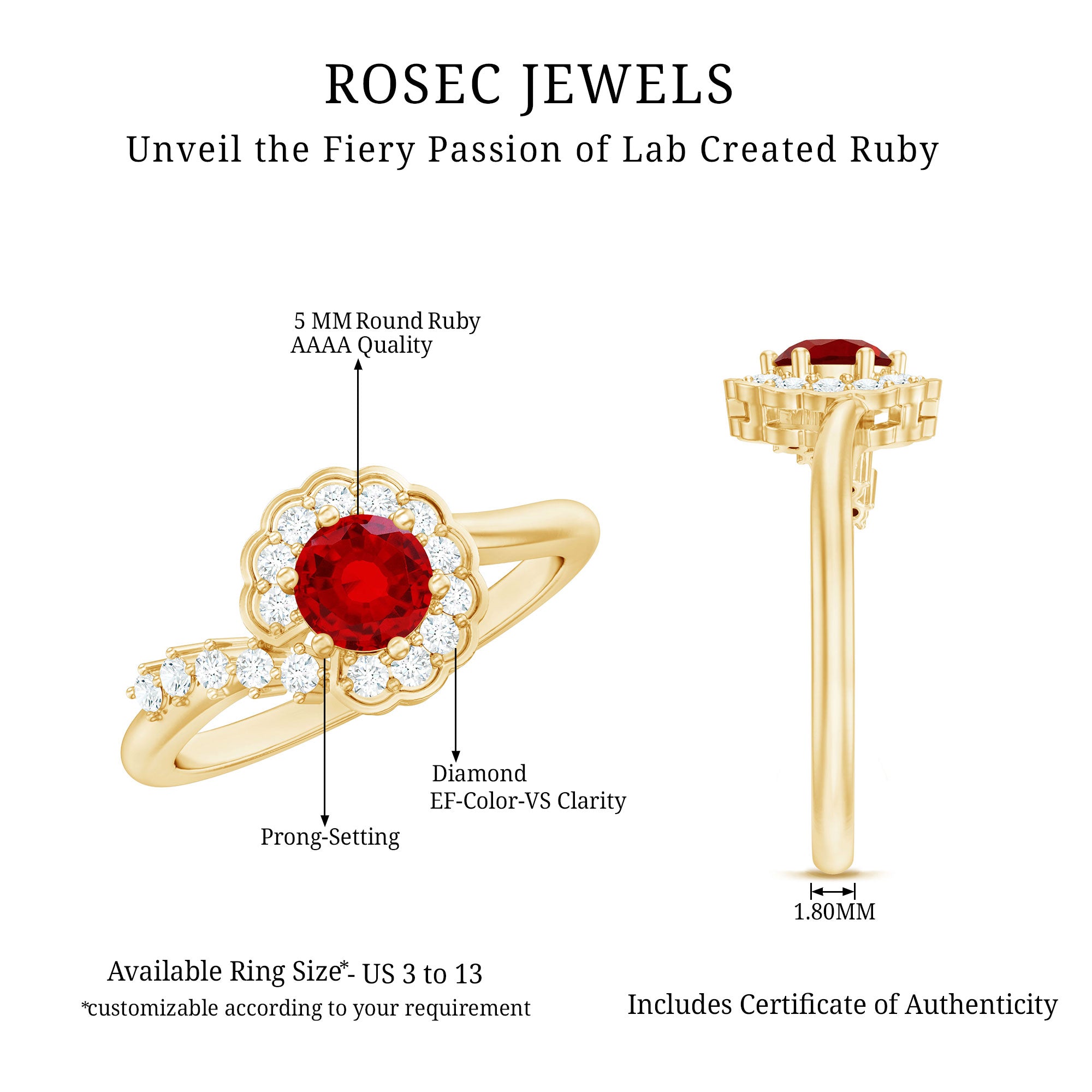 Certified Lab Created Ruby and Diamond Flower Engagement Ring AAAA - Rosec Jewels