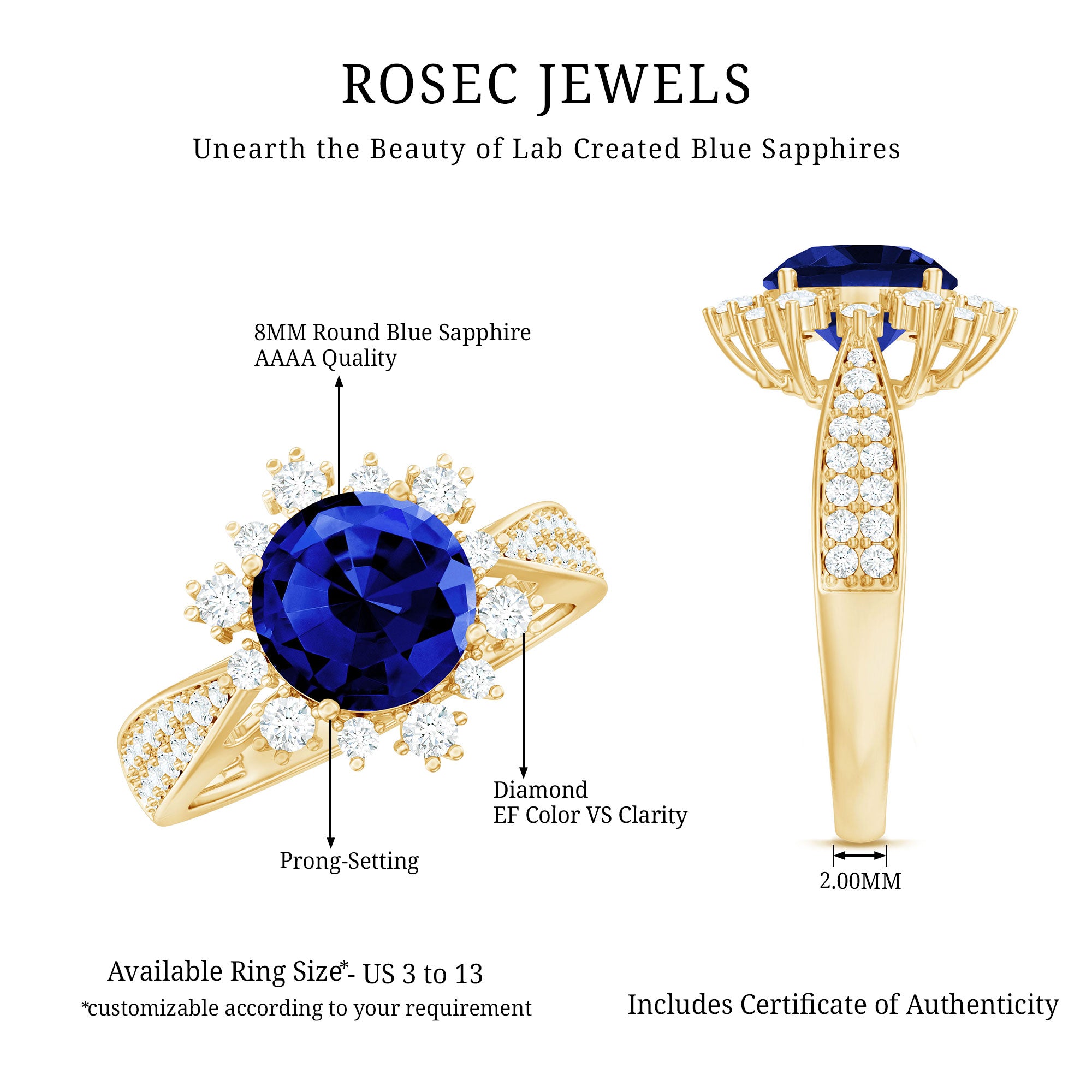 Lab Grown Blue Sapphire Round Engagement Ring with Diamond Accent AAAA - Rosec Jewels