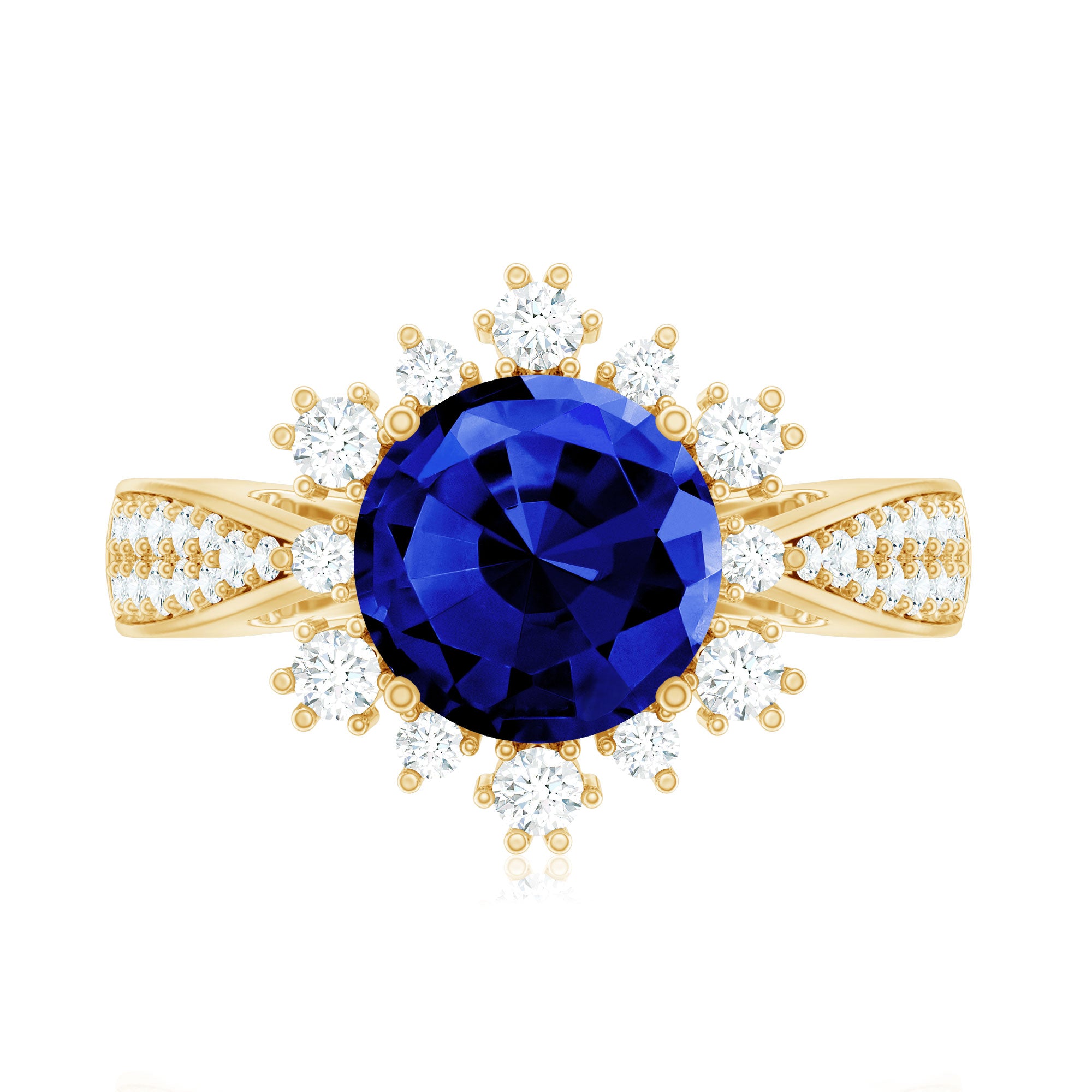 Lab Grown Blue Sapphire Round Engagement Ring with Diamond Accent AAAA - Rosec Jewels