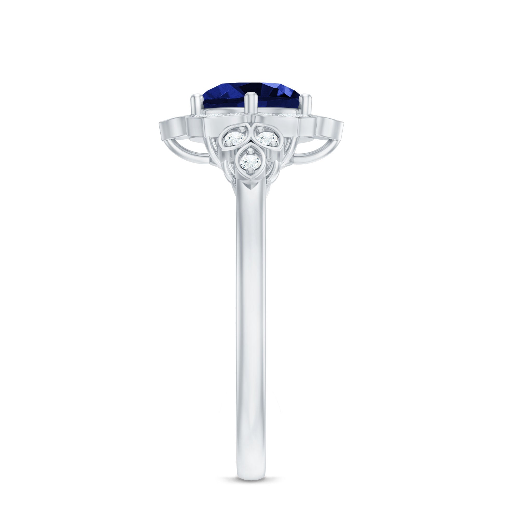 Round Created Blue Sapphire Flower Engagement Ring with Diamond AAAA - Rosec Jewels