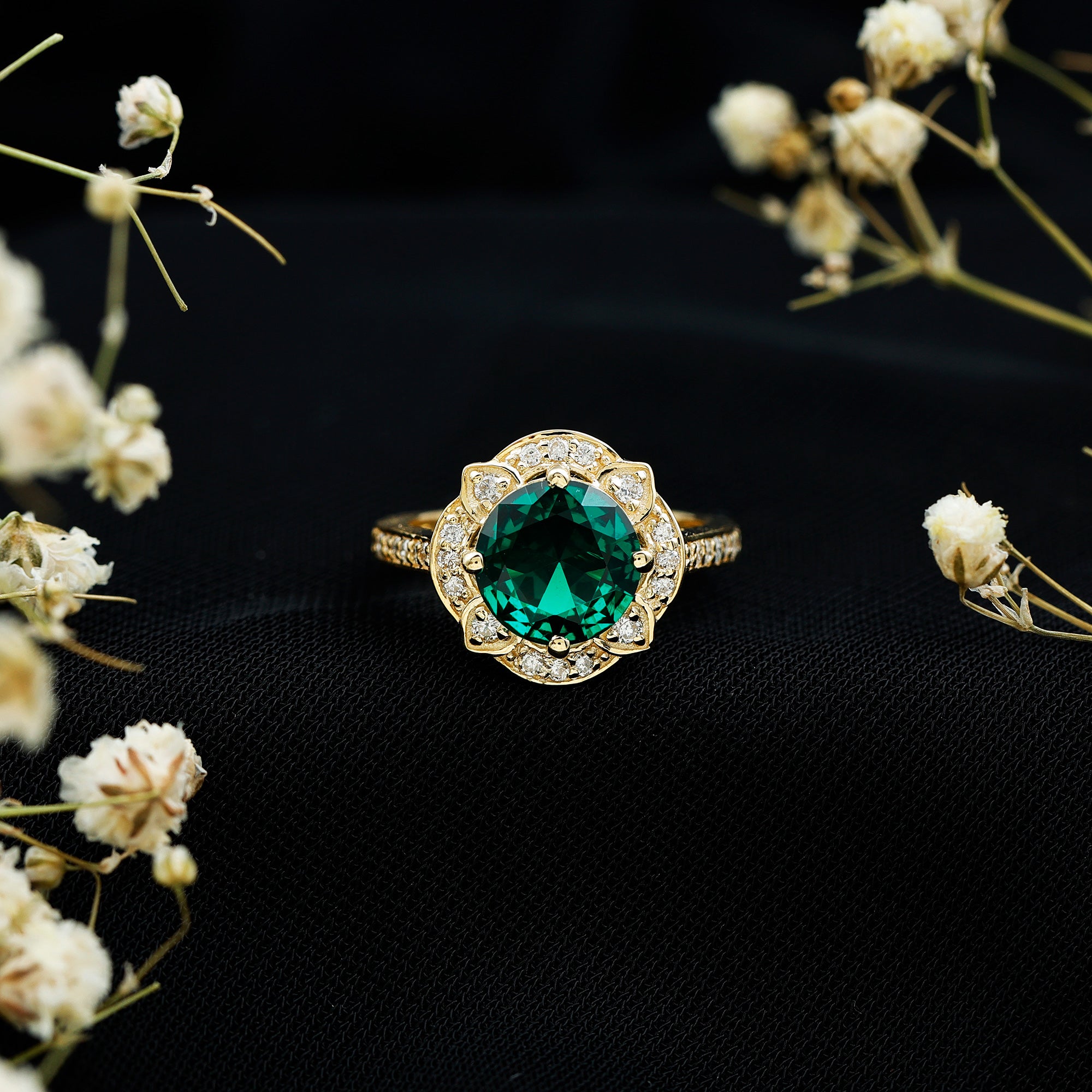 2 Carat Lab Grown Emerald Vintage Inspired Engagement Ring with Diamond AAAA - Rosec Jewels