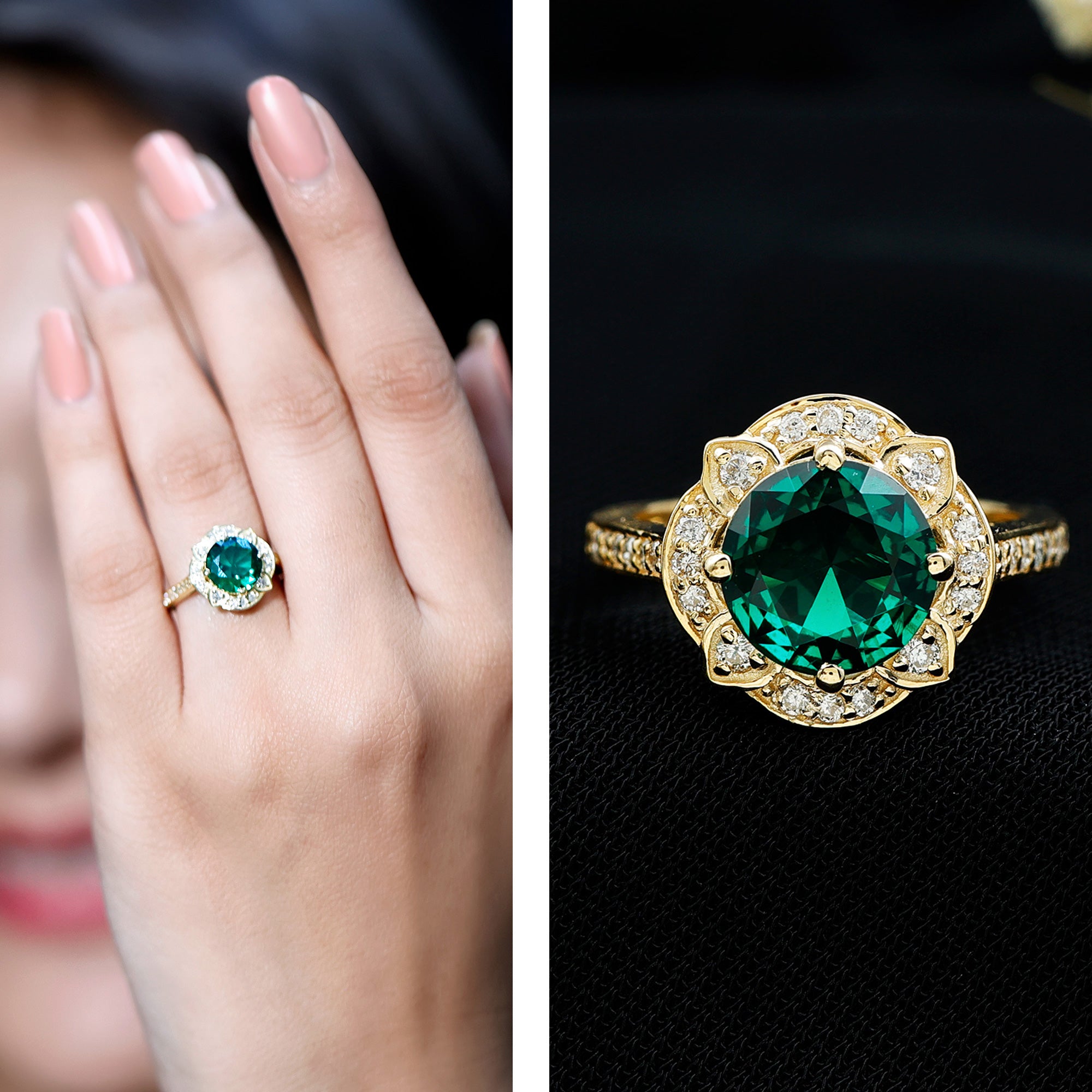 2 Carat Lab Grown Emerald Vintage Inspired Engagement Ring with Diamond AAAA - Rosec Jewels