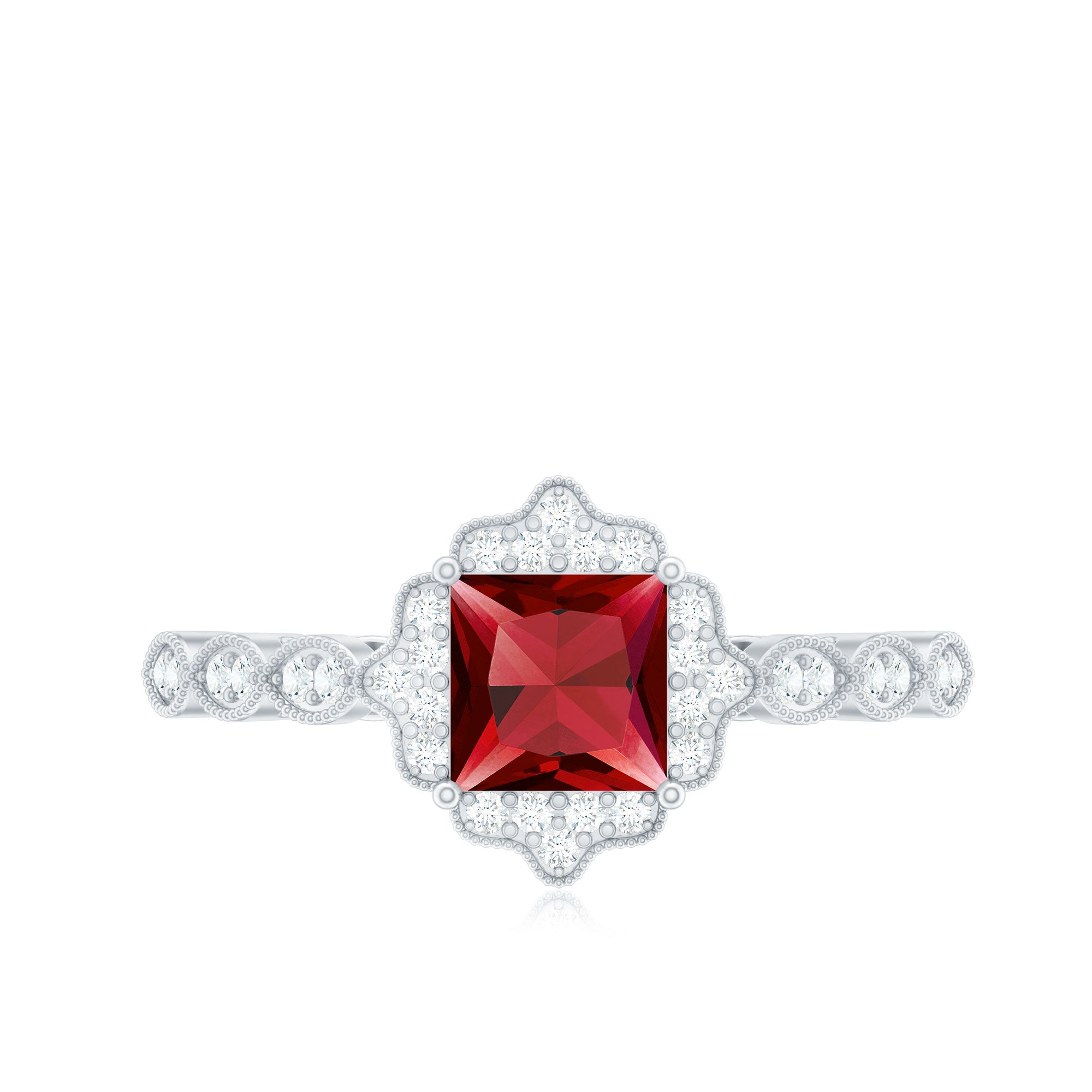 Certified Lab Created Ruby Square Cut Engagement Ring with Diamonds AAAA - Rosec Jewels