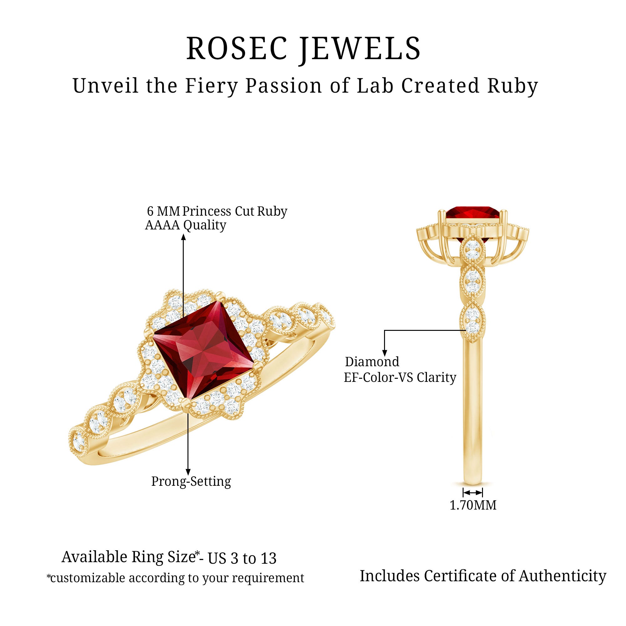 Certified Lab Created Ruby Square Cut Engagement Ring with Diamonds AAAA - Rosec Jewels