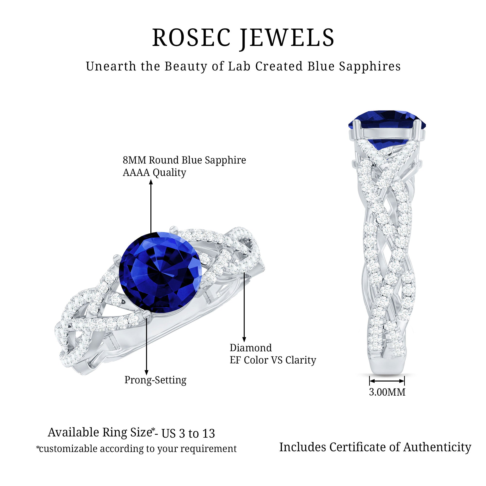 Rosec Jewels-Designer 2.7 Carat Lab Grown Blue Sapphire Engagement Ring with Diamond Criss Cross Shank