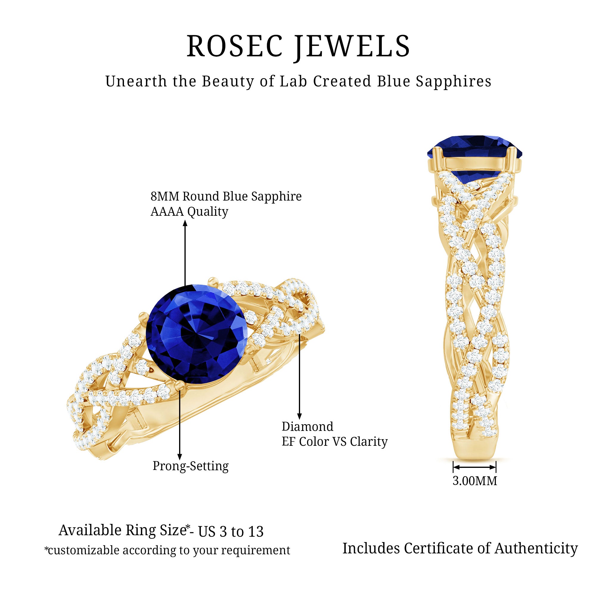 Rosec Jewels-Designer 2.7 Carat Lab Grown Blue Sapphire Engagement Ring with Diamond Criss Cross Shank