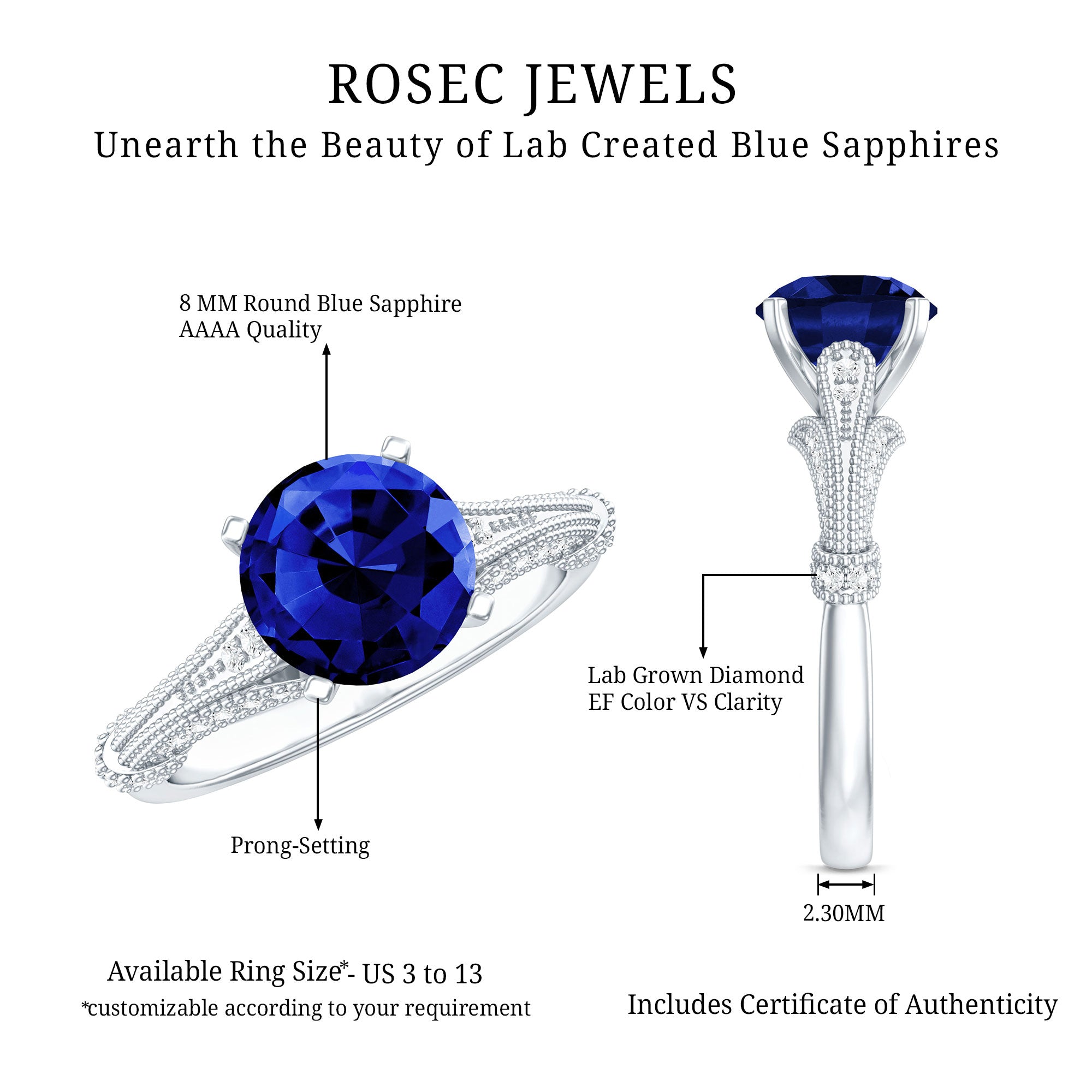 Vintage Style 2.7 Carat Lab Grown Blue Sapphire Engagement Ring with Diamond AAAA - Rosec Jewels