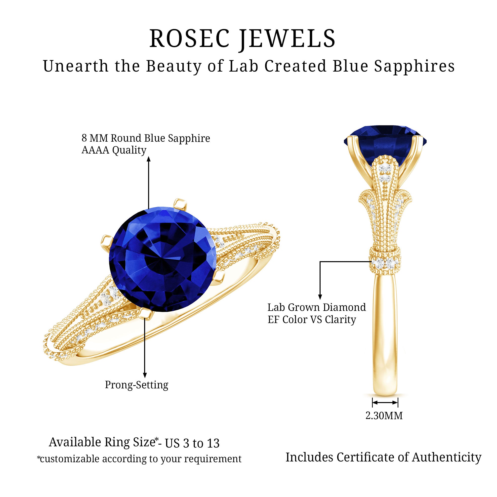 Vintage Style 2.7 Carat Lab Grown Blue Sapphire Engagement Ring with Diamond AAAA - Rosec Jewels