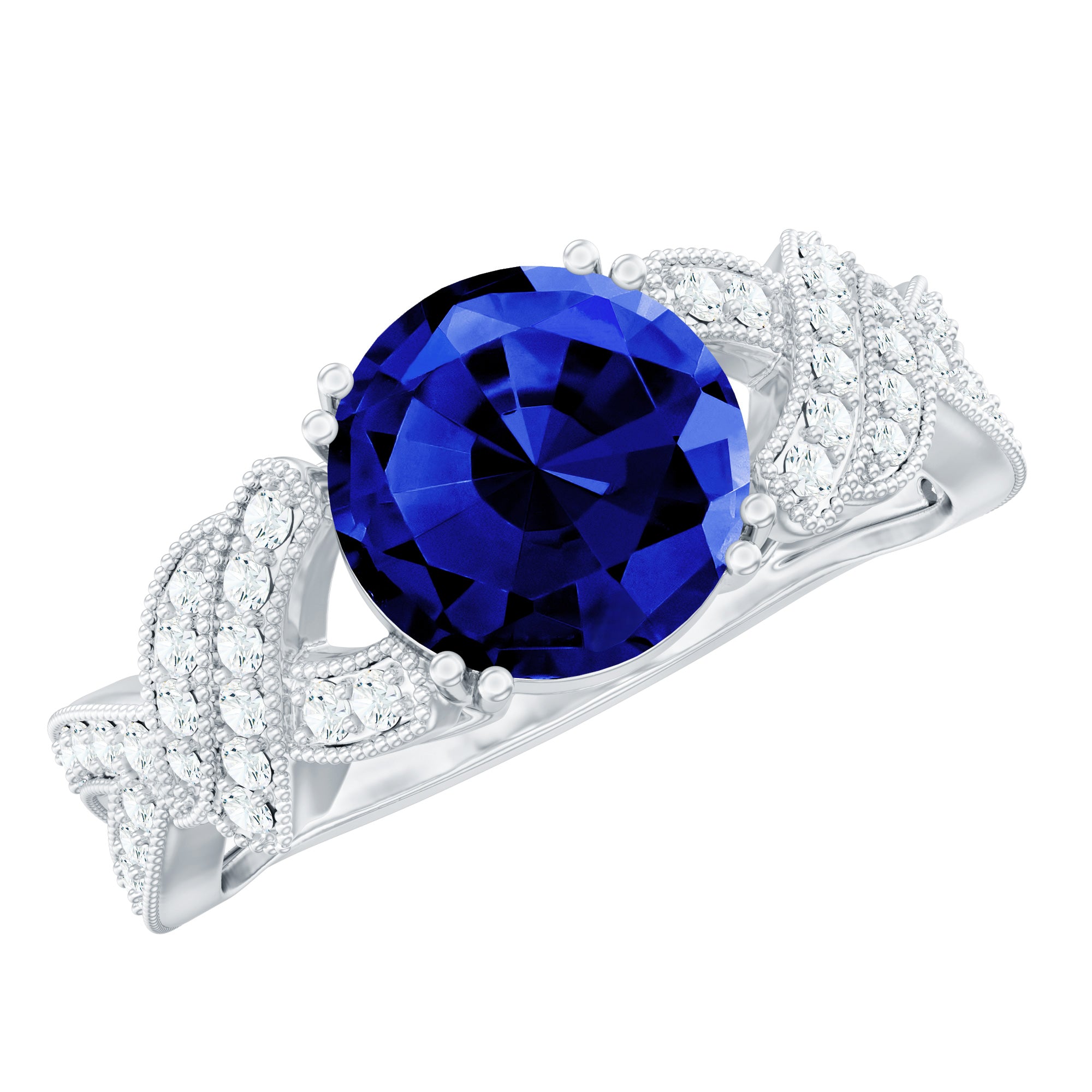 Designer 2.7 Carat Lab Grown Blue Sapphire Statement Engagement Ring with Diamond AAAA - Rosec Jewels