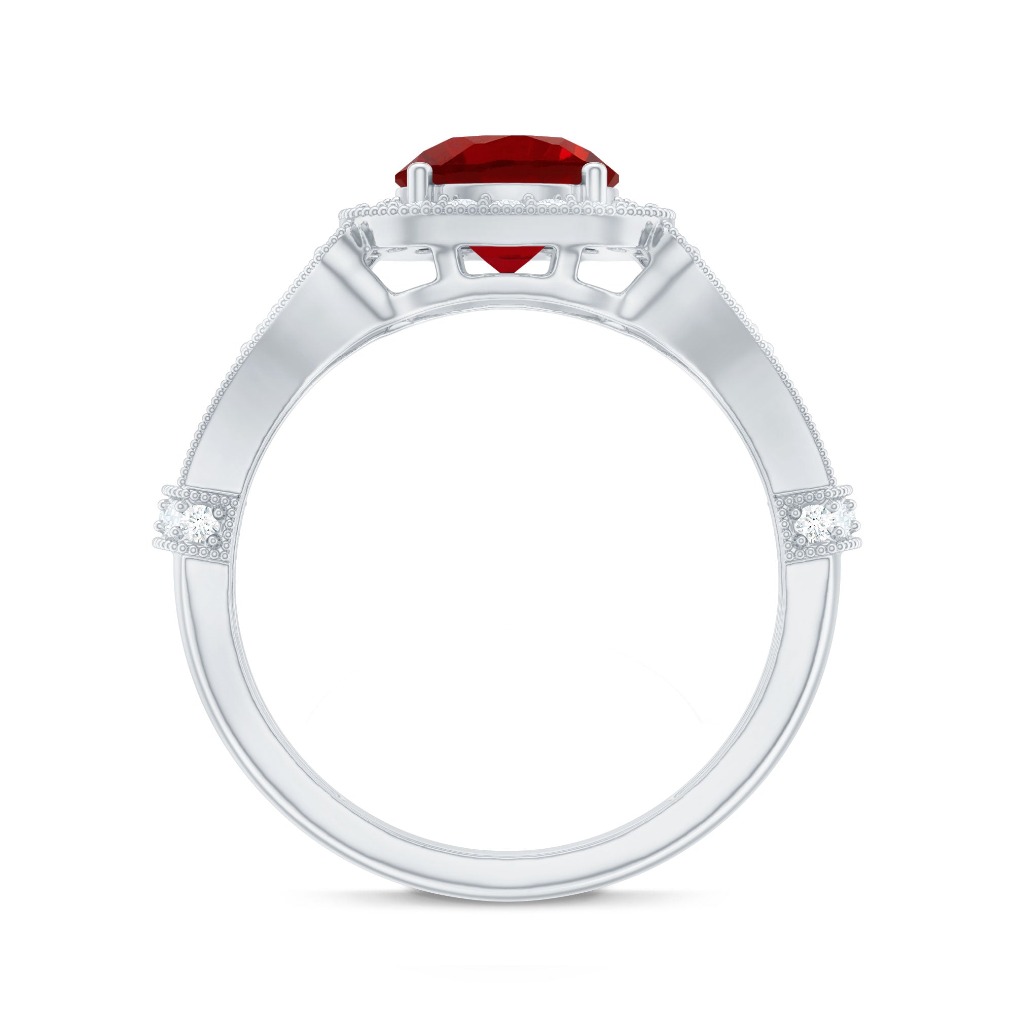 Antique Looking Lab Grown Ruby Engagement Ring with Diamond Halo AAAA - Rosec Jewels