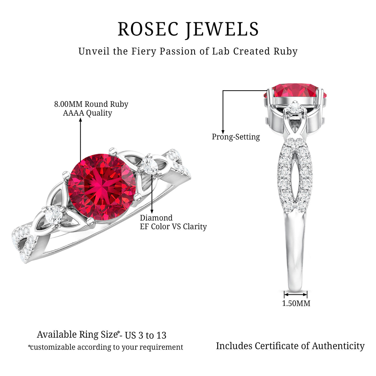 Certified Lab Created Ruby Solitaire Engagement Ring with Diamonds AAAA - Rosec Jewels