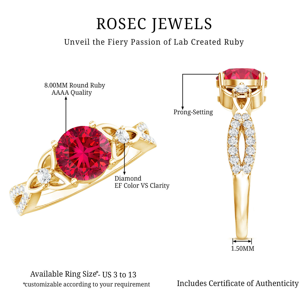Certified Lab Created Ruby Solitaire Engagement Ring with Diamonds AAAA - Rosec Jewels