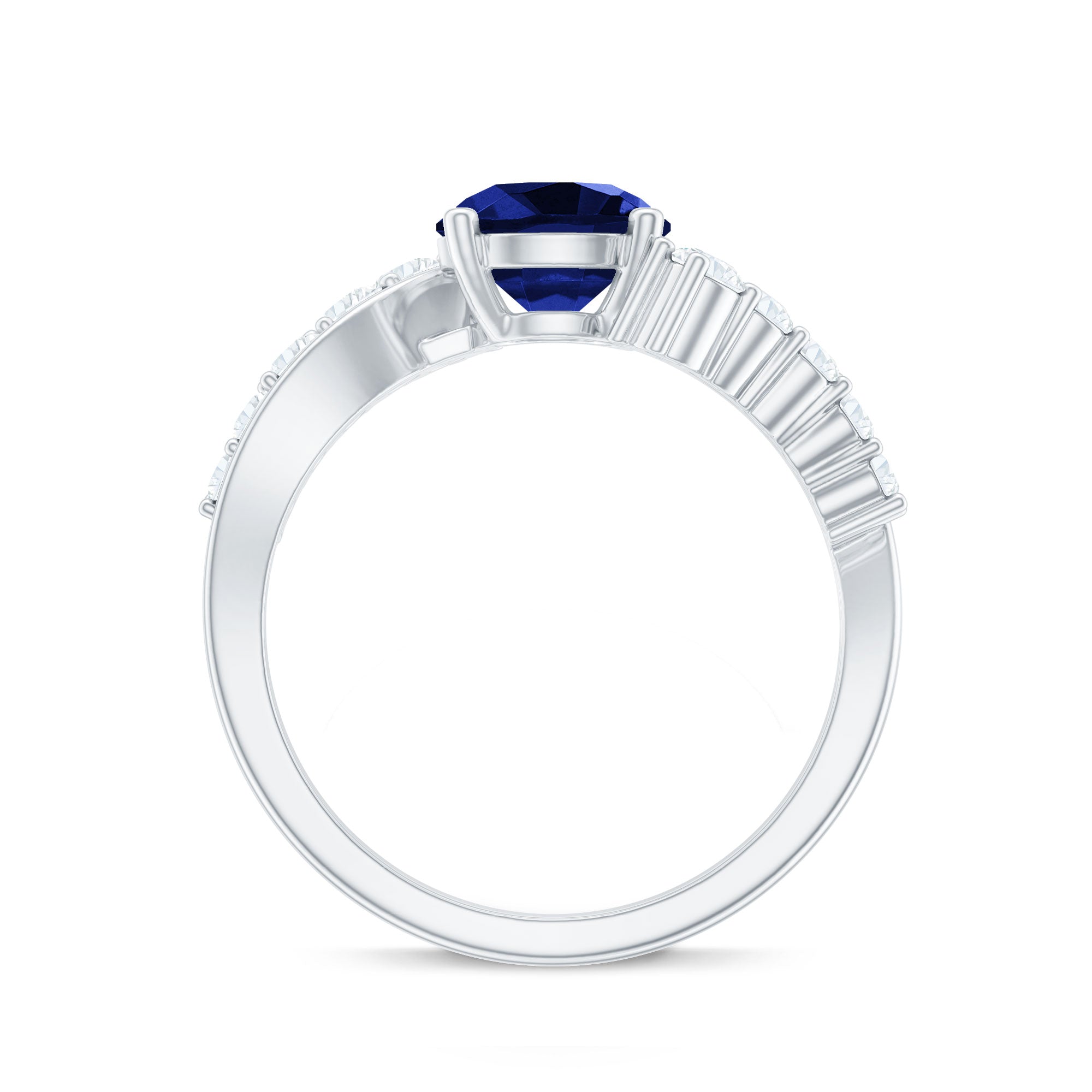 Certified 2.7 Carat Lab Grown Blue Sapphire Engagement Ring with Diamond Bypass Shank AAAA - Rosec Jewels