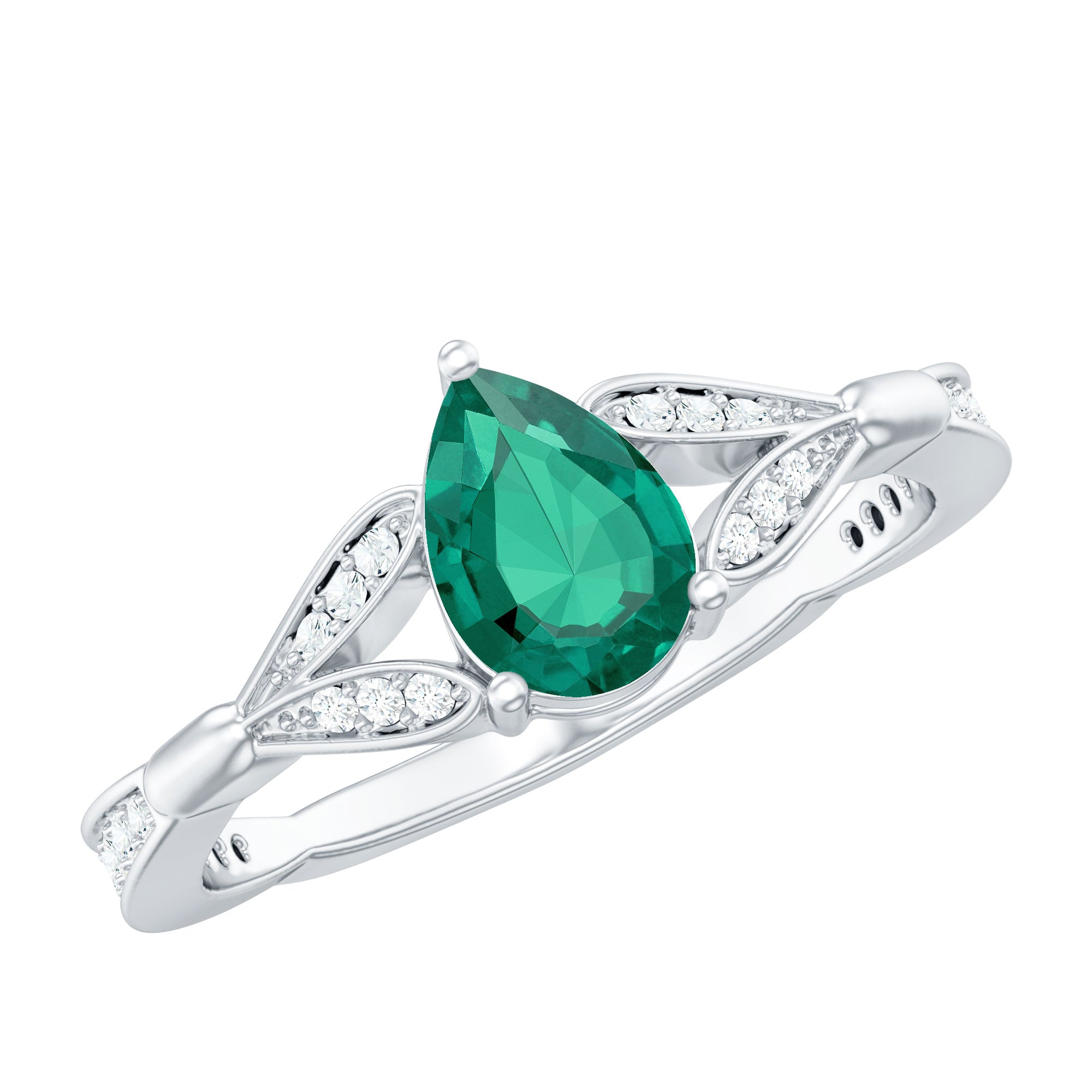 Pear Shape Lab Grown Emerald Teardrop Engagement Ring With Diamond AAAA - Rosec Jewels