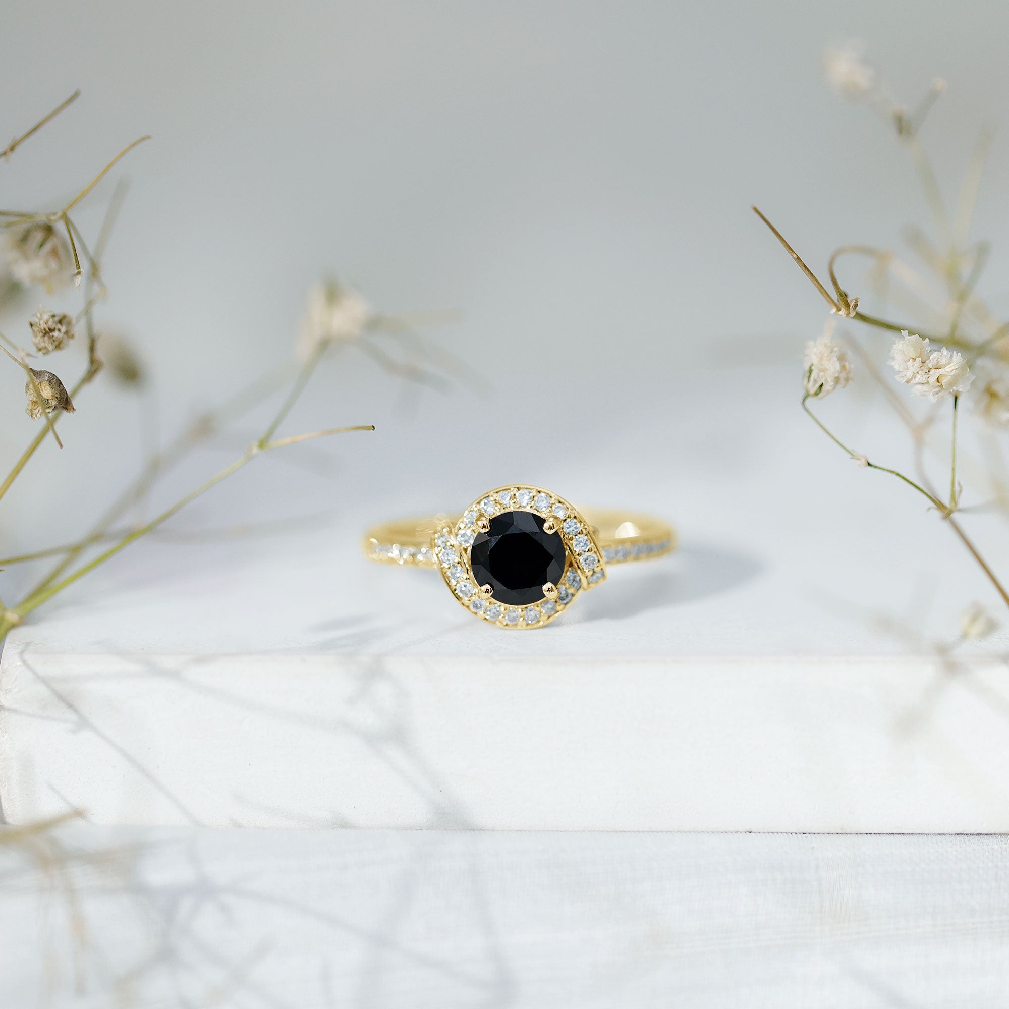 1.6 Carat Lab Grown Black Diamond Engagement Ring with White Diamond Halo AAAA ( Synthetic ) - Rosec Jewels