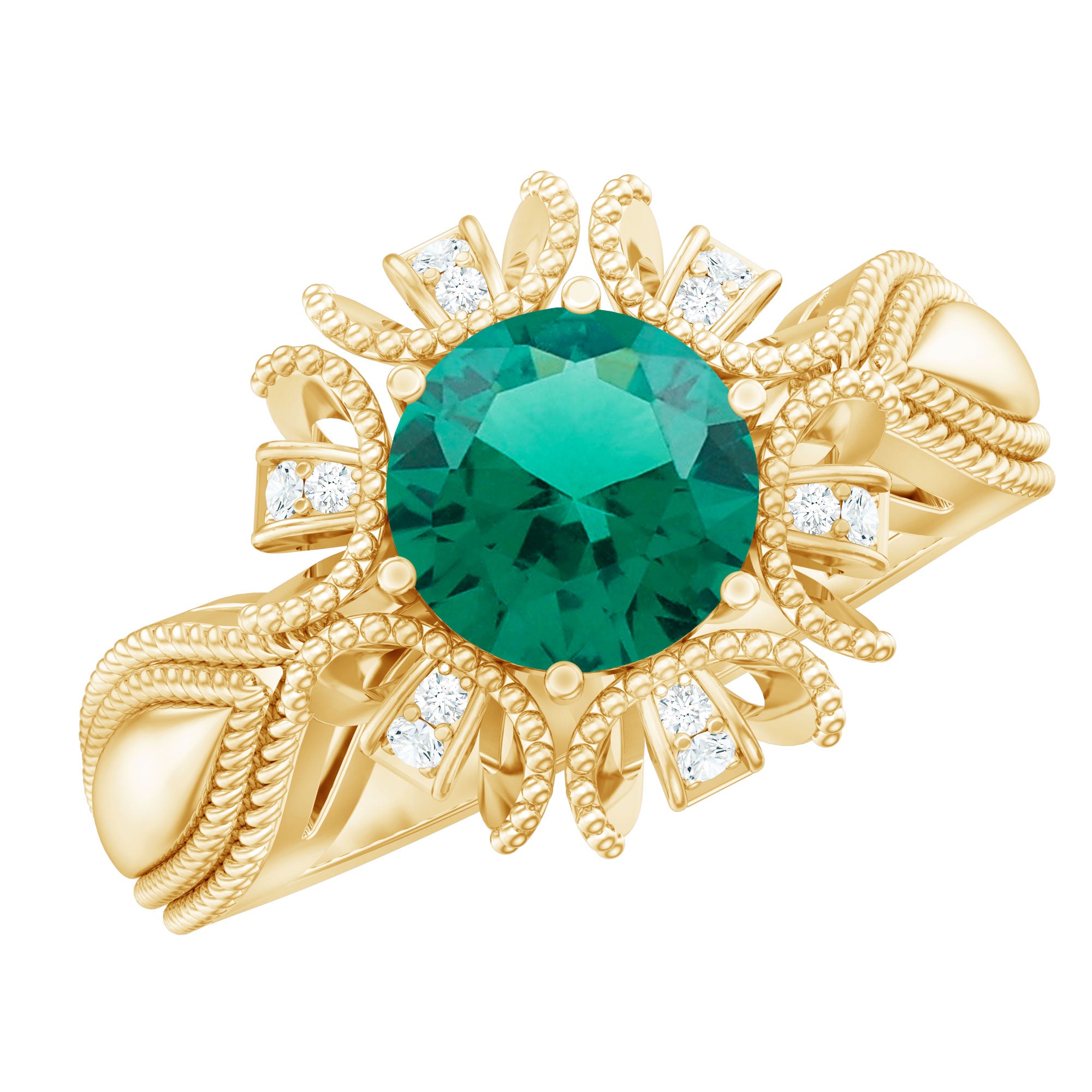 Lab Grown Emerald Vintage Style Flower Engagement Ring With Diamond AAAA - Rosec Jewels