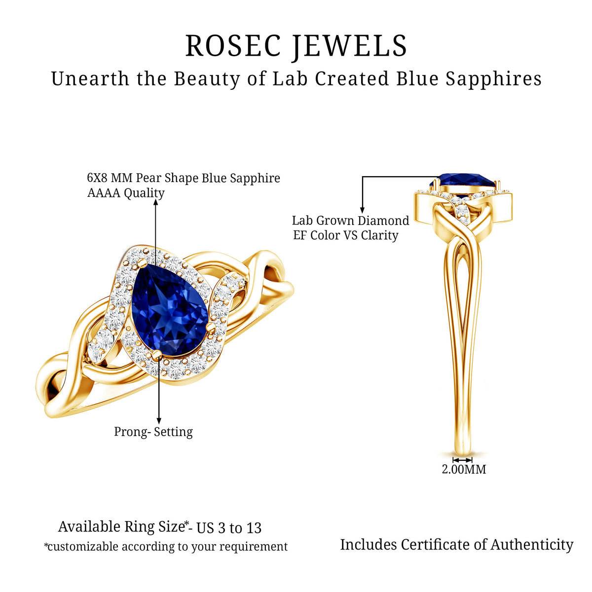 Certified 1.6 Carat Lab Grown Blue Sapphire Diamond Teardrop Engagement Ring with Crossover Shank AAAA - Rosec Jewels