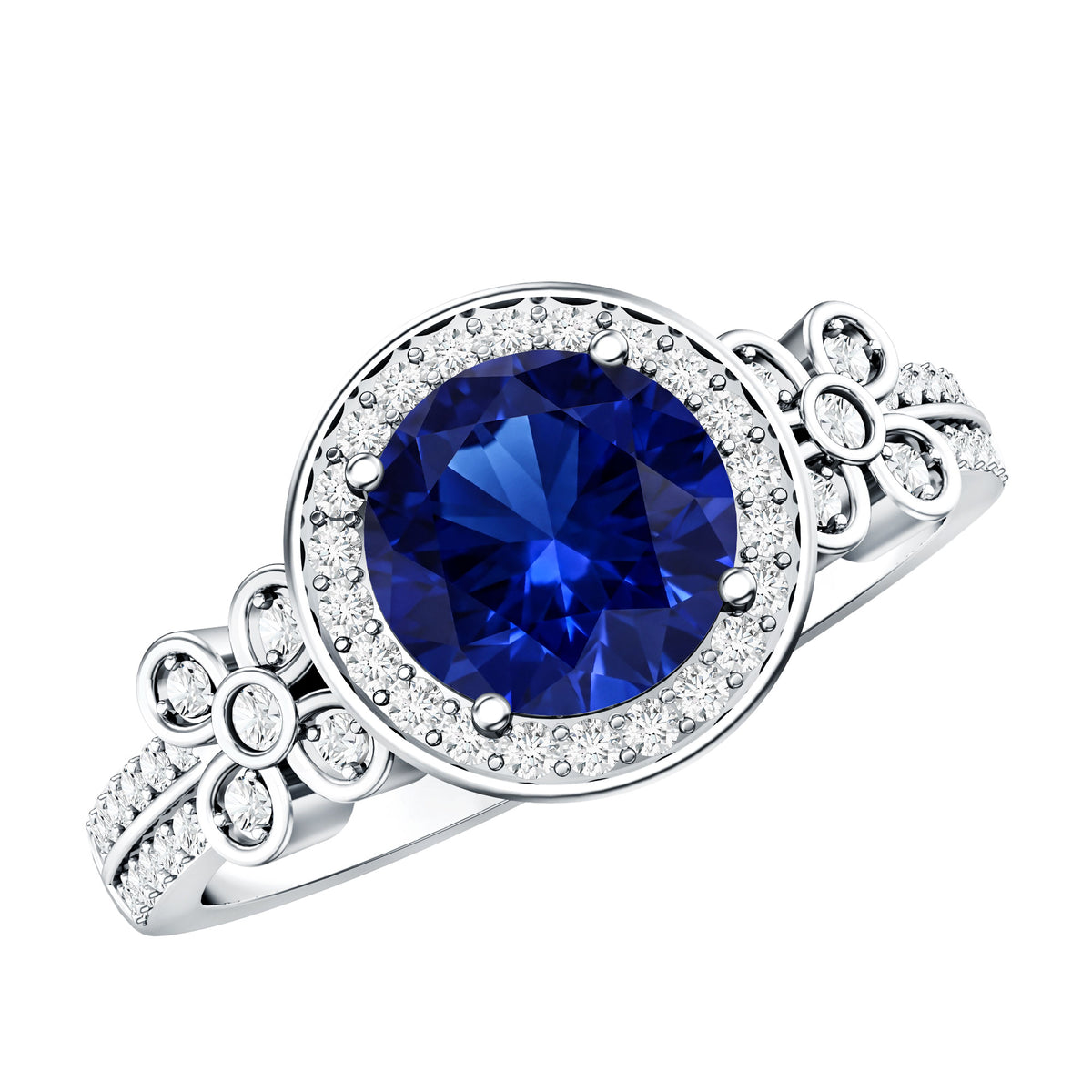 Certified 2.7 Carat Lab Grown Blue Sapphire Halo Engagement Ring with Diamond Flower AAAA - Rosec Jewels