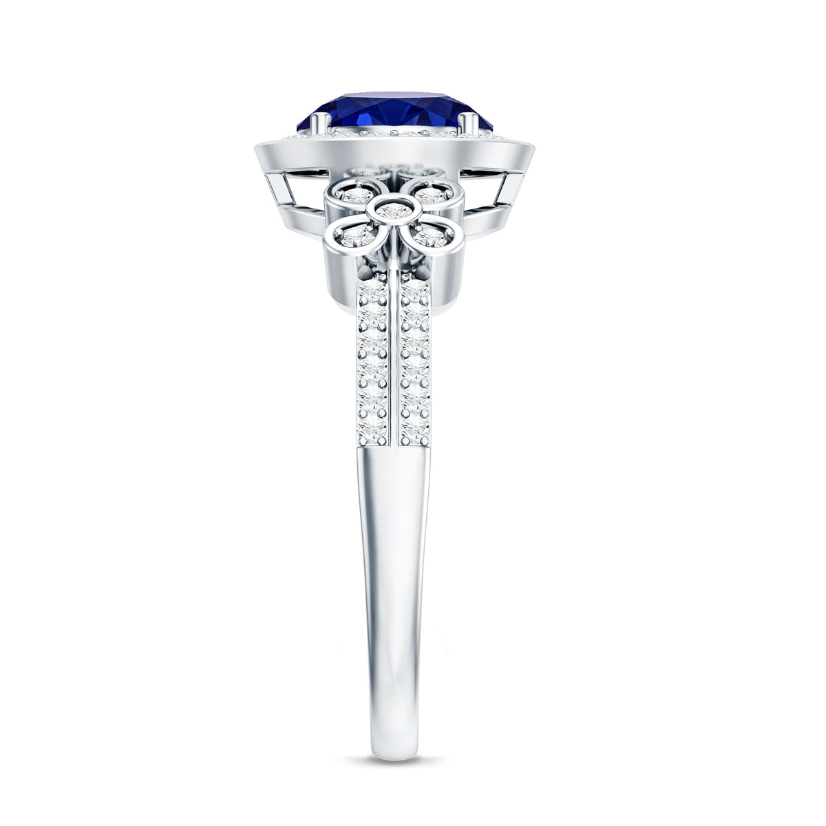 Certified 2.7 Carat Lab Grown Blue Sapphire Halo Engagement Ring with Diamond Flower AAAA - Rosec Jewels