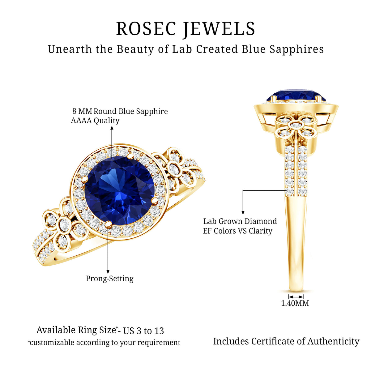 Certified 2.7 Carat Lab Grown Blue Sapphire Halo Engagement Ring with Diamond Flower AAAA - Rosec Jewels