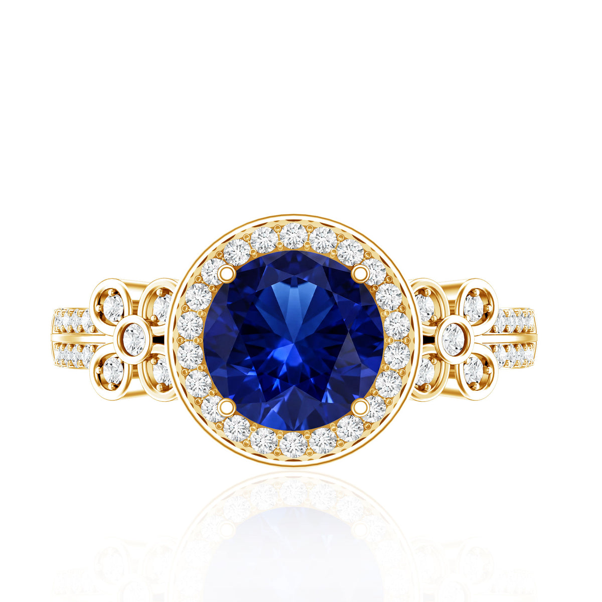 Certified 2.7 Carat Lab Grown Blue Sapphire Halo Engagement Ring with Diamond Flower AAAA - Rosec Jewels