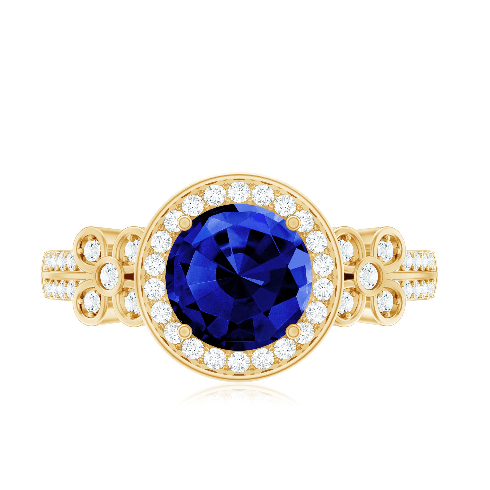 Certified 2.7 Carat Lab Grown Blue Sapphire Halo Engagement Ring with Diamond Flower AAAA - Rosec Jewels