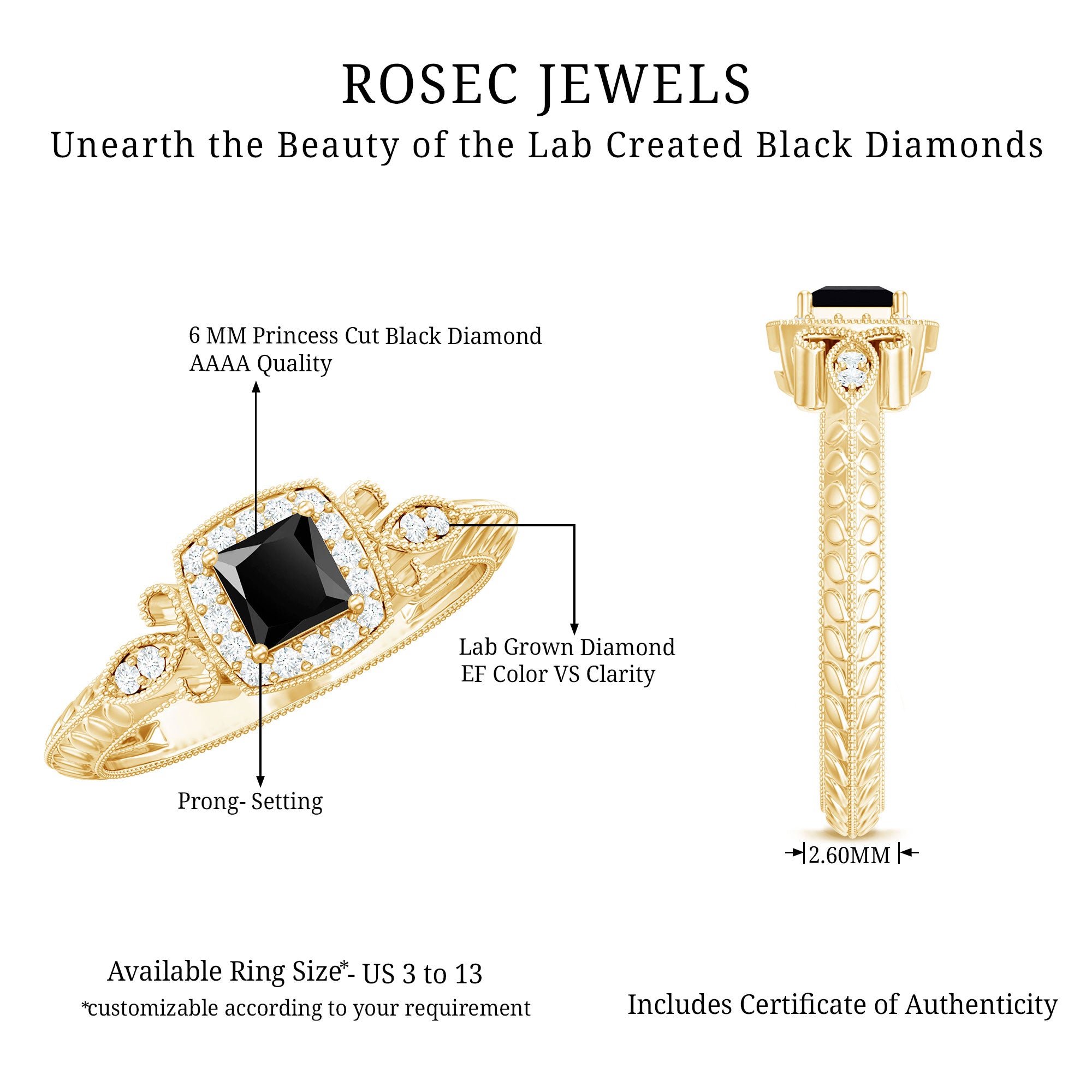 Vintage Looking 1 Carat Lab Grown Black and White Diamond Engagement Ring AAAA ( Synthetic ) - Rosec Jewels