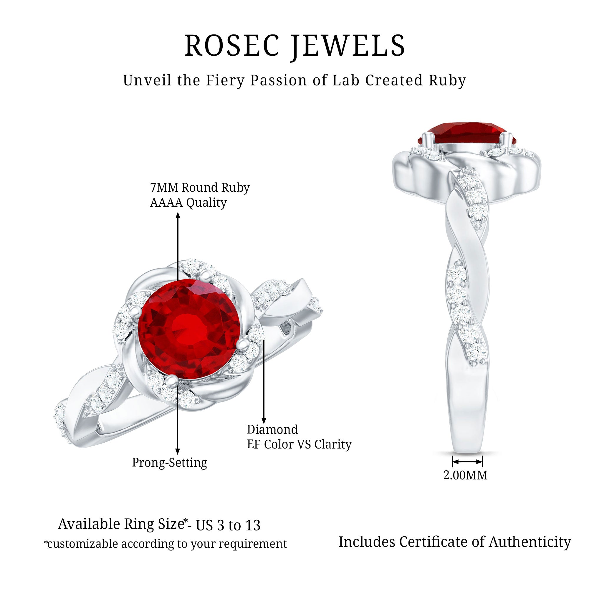 Lab Grown Ruby and Diamond Engagement Ring with Twisted Rope Design AAAA - Rosec Jewels
