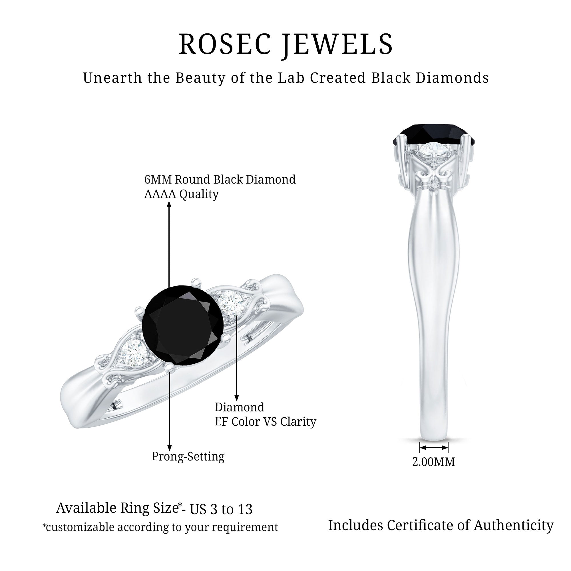 Certified 1.3 Carat Lab Grown Black Diamond Engagement Ring with White Diamond AAAA ( Synthetic ) - Rosec Jewels