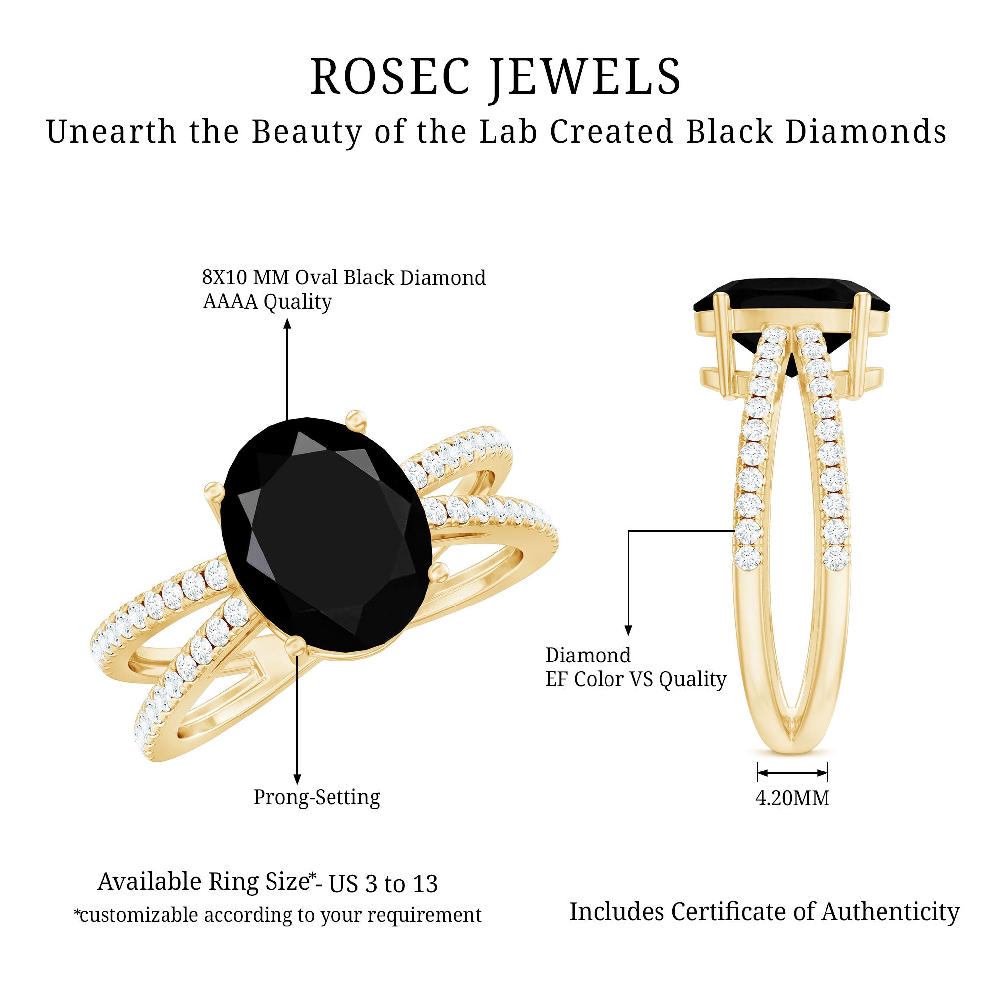 4.2 Carat Lab Grown Black Diamond Statement Engagement Ring with White Diamond AAAA ( Synthetic ) - Rosec Jewels