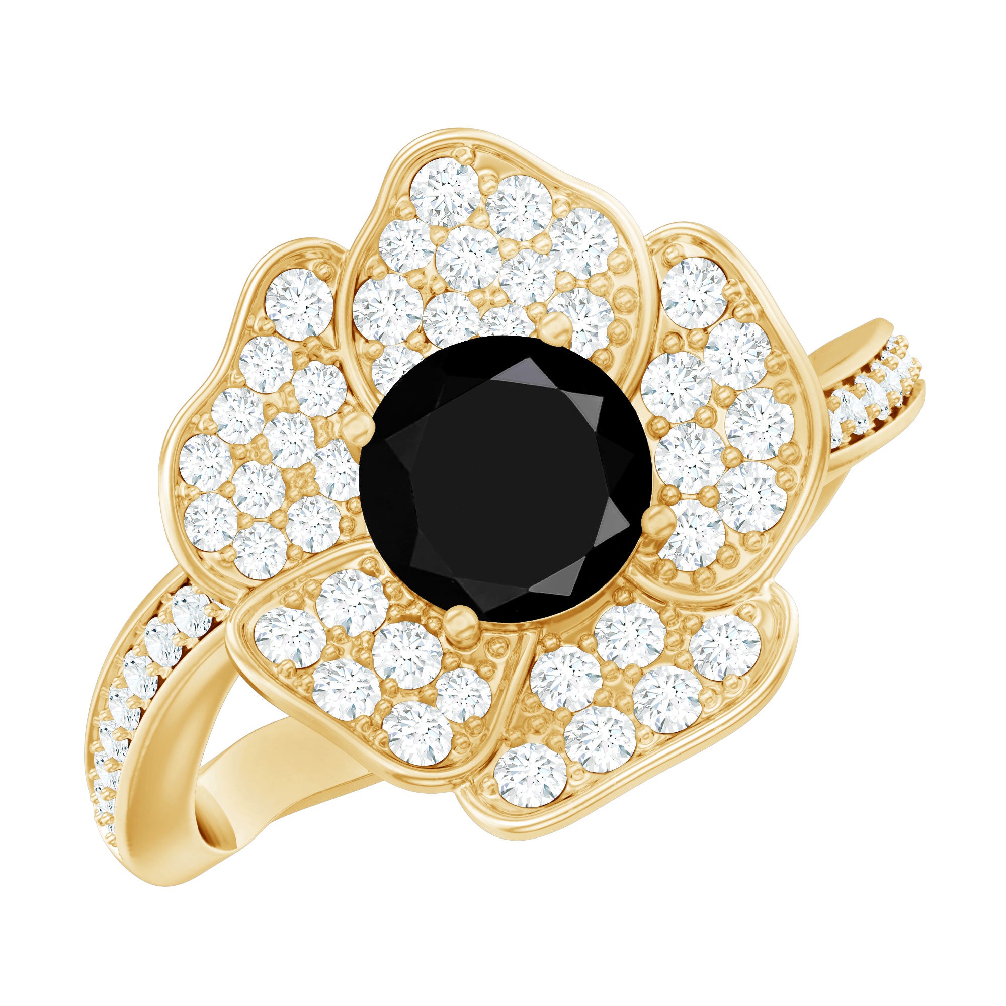1.3 Carat Lab Grown Black Diamond Flower Engagement Ring with White Diamond AAAA ( Synthetic ) - Rosec Jewels