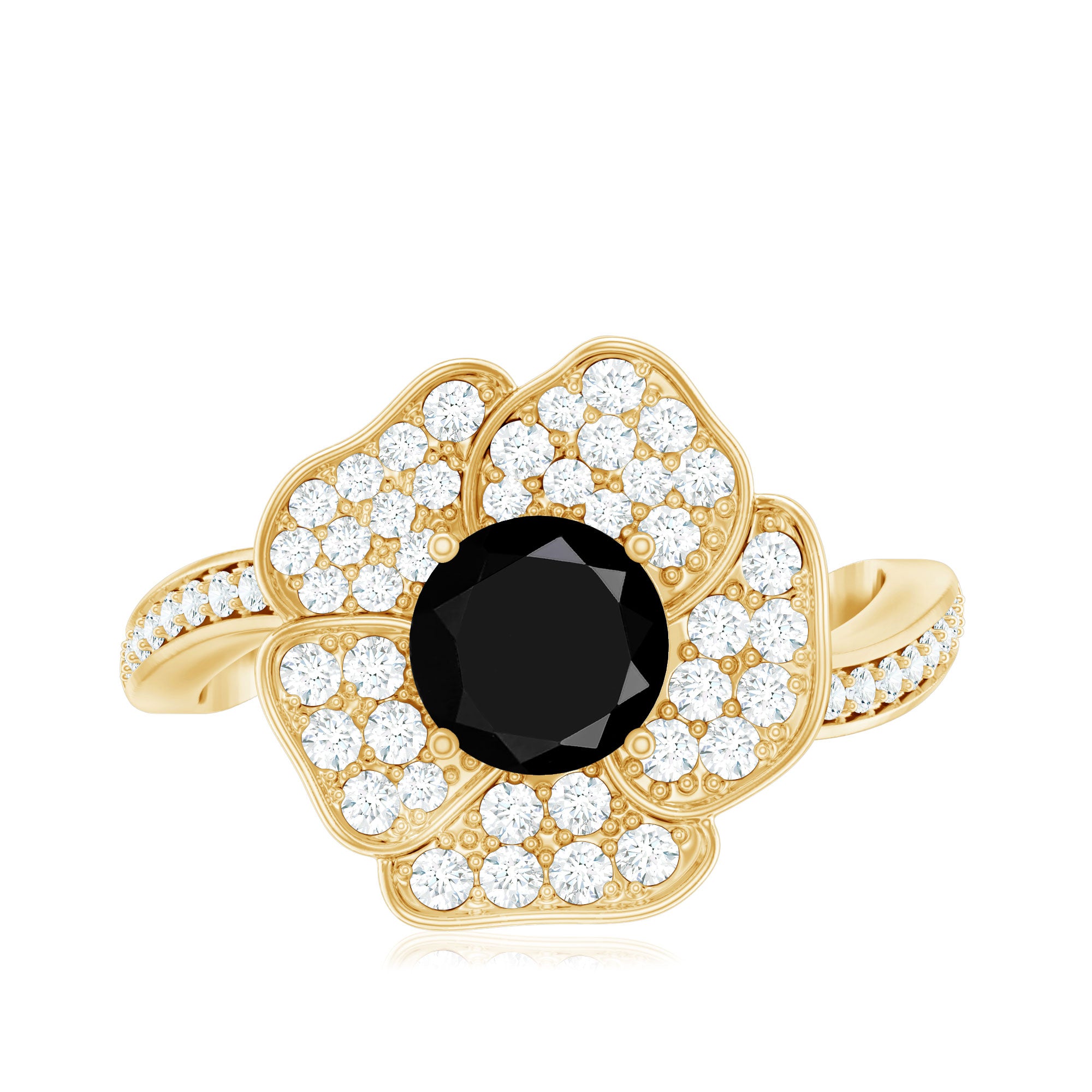 1.3 Carat Lab Grown Black Diamond Flower Engagement Ring with White Diamond AAAA ( Synthetic ) - Rosec Jewels