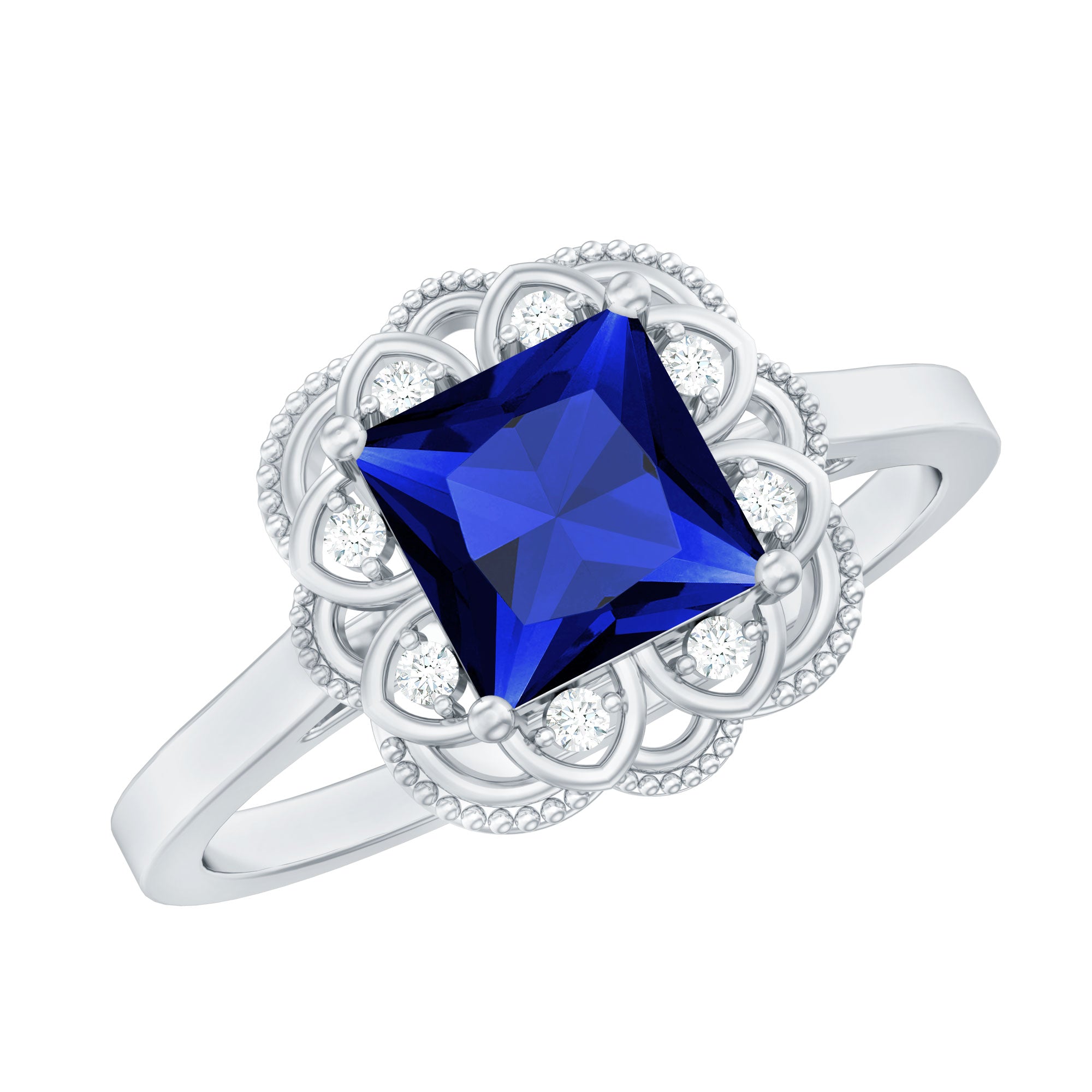 Art Deco 1.5 Carat Lab Grown Blue Sapphire Princess Cut Engagement Ring with Diamond AAAA - Rosec Jewels