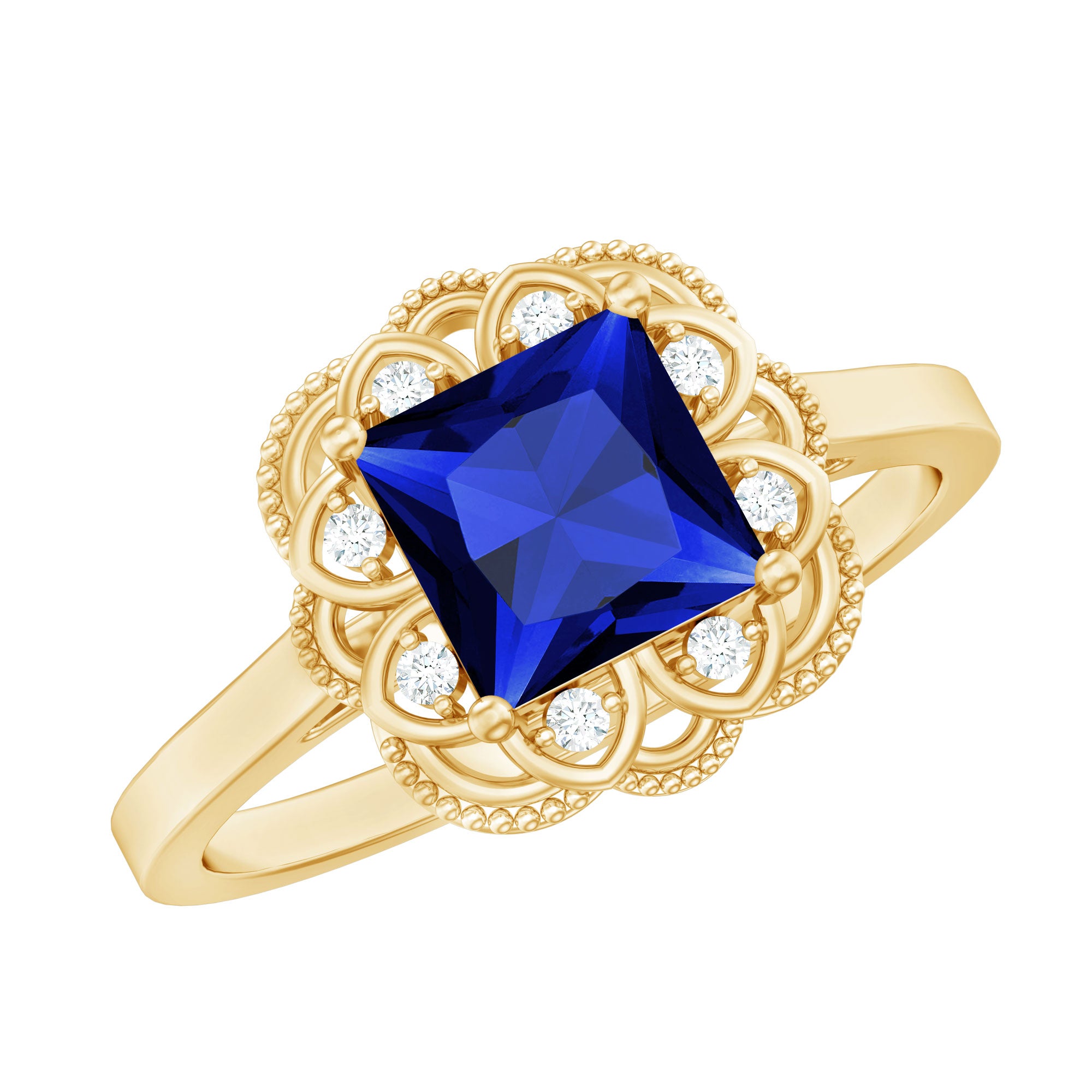 Art Deco 1.5 Carat Lab Grown Blue Sapphire Princess Cut Engagement Ring with Diamond AAAA - Rosec Jewels