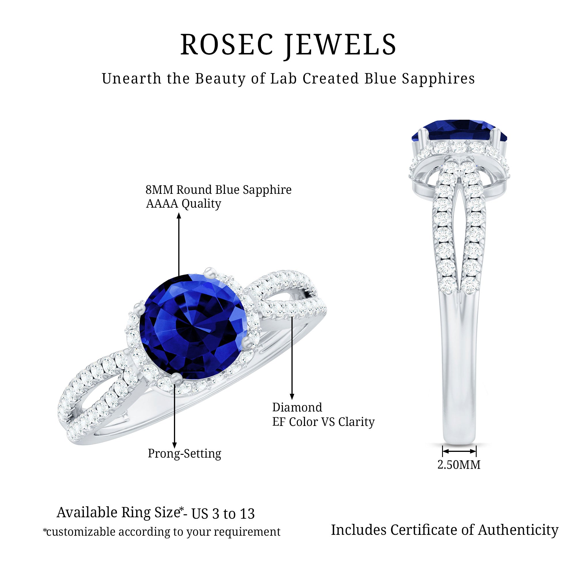 Certified 2.7 Carat Lab Grown Blue Sapphire Engagement Ring with Diamond for Women AAAA - Rosec Jewels