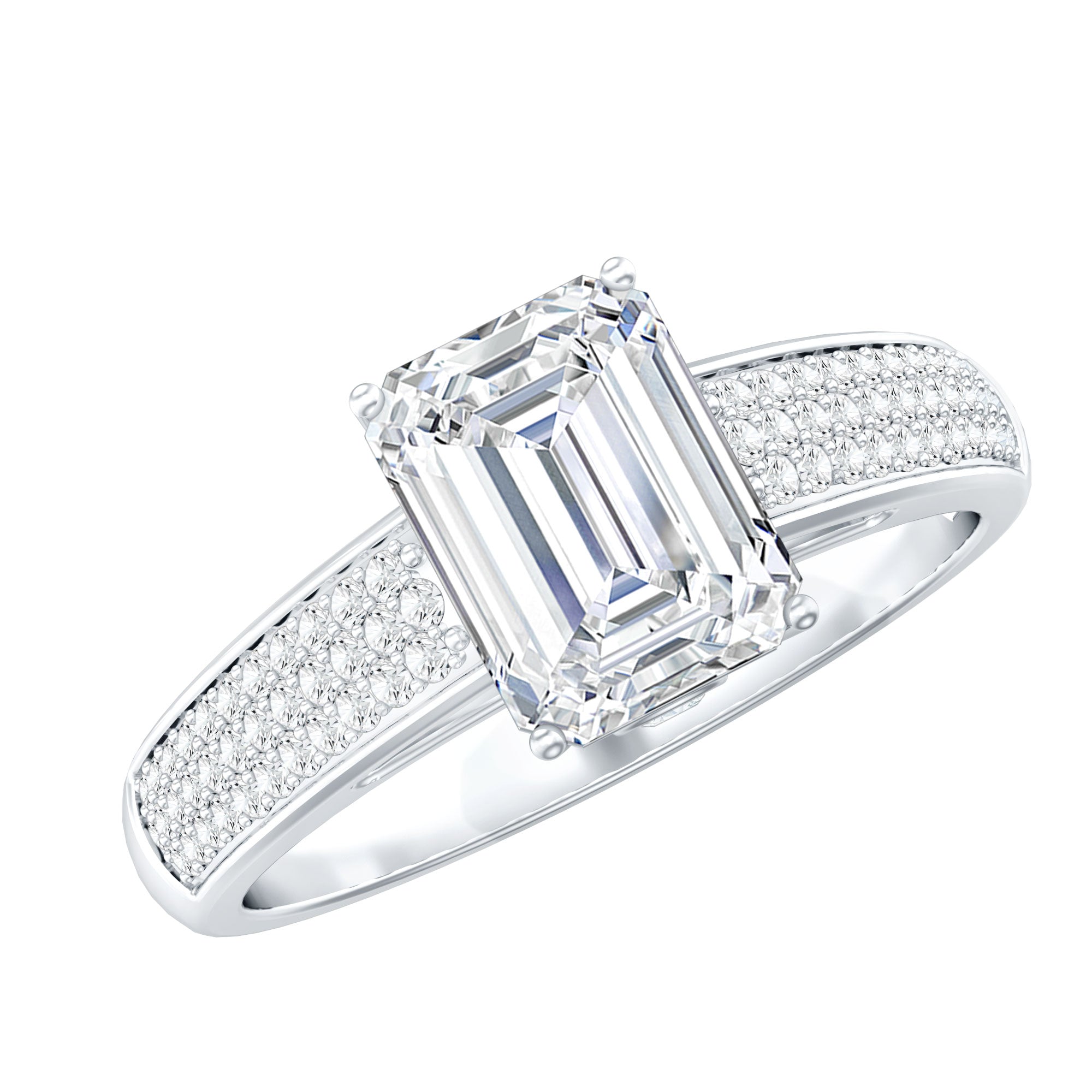 Emerald Cut Moissanite Side Stone Engagement Ring