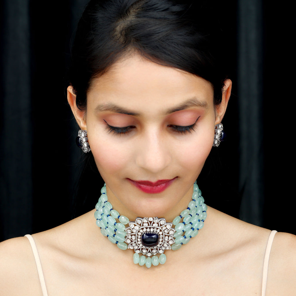 26 CT Created Tanzanite Polki Diamond Choker Necklace with Created Blue Sapphire and Beryl - Rosec Jewels