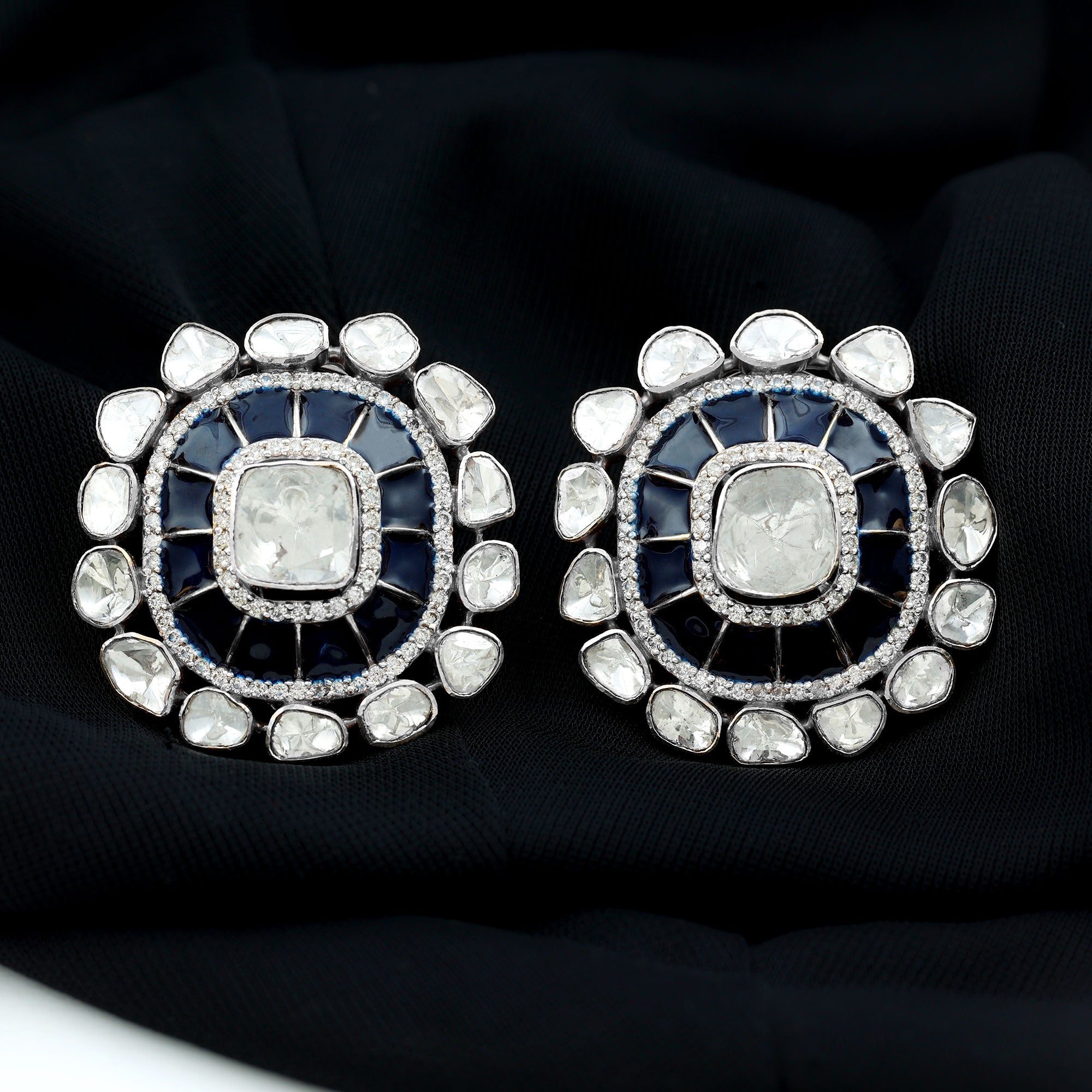 14K Gold Polki Diamond Enamel Stud Earrings in Vintage Style - Rosec Jewels