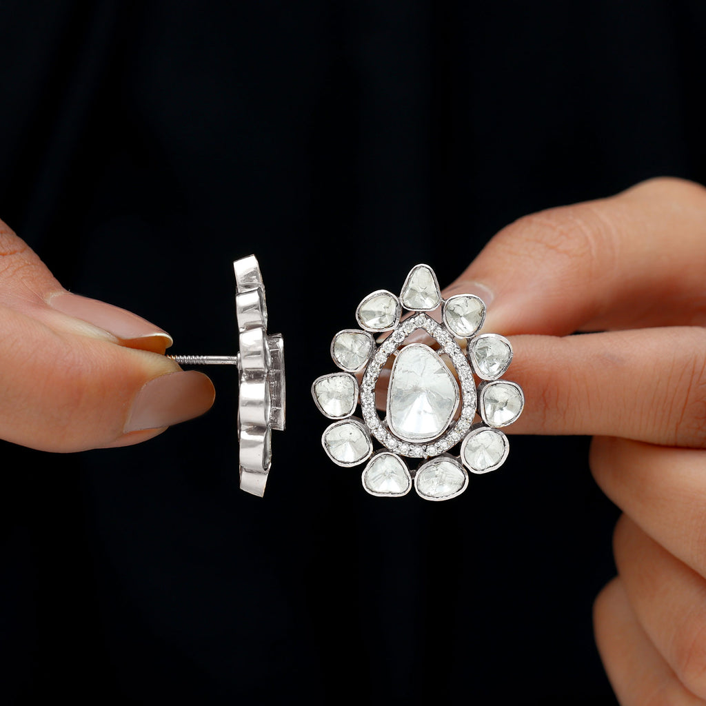 14.25 CT Polki White Diamond Stud Earrings in Pear Shape Design - Rosec Jewels