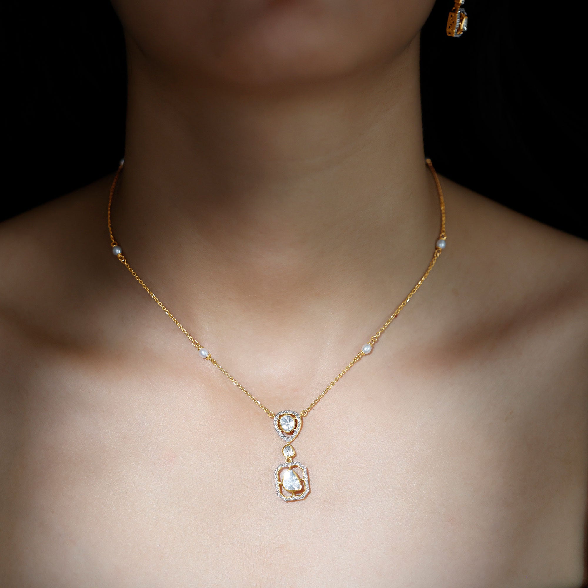 Uncut Diamond and Brillant Cut Diamond Dangle Necklace with Freshwater Pearls - Rosec Jewels