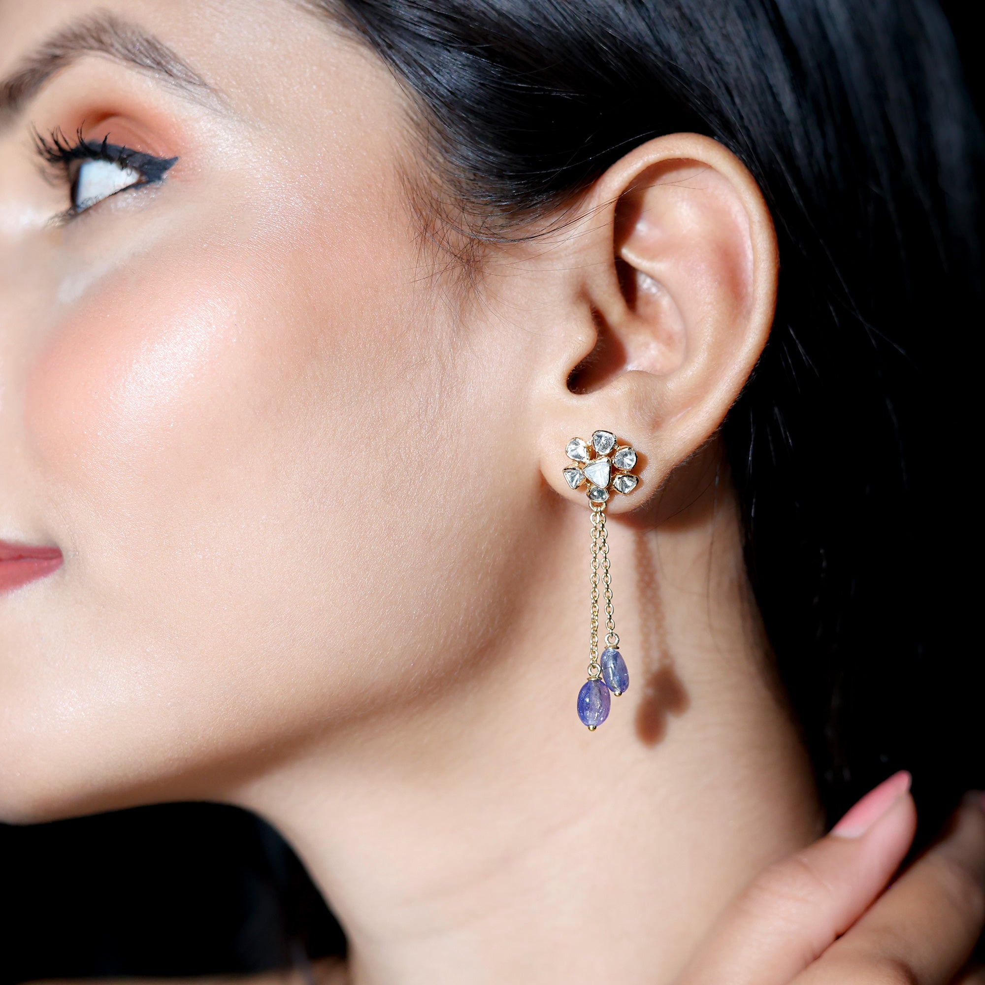 Floral Polki Diamond and Tanzanite Dangle Earrings - Rosec Jewels
