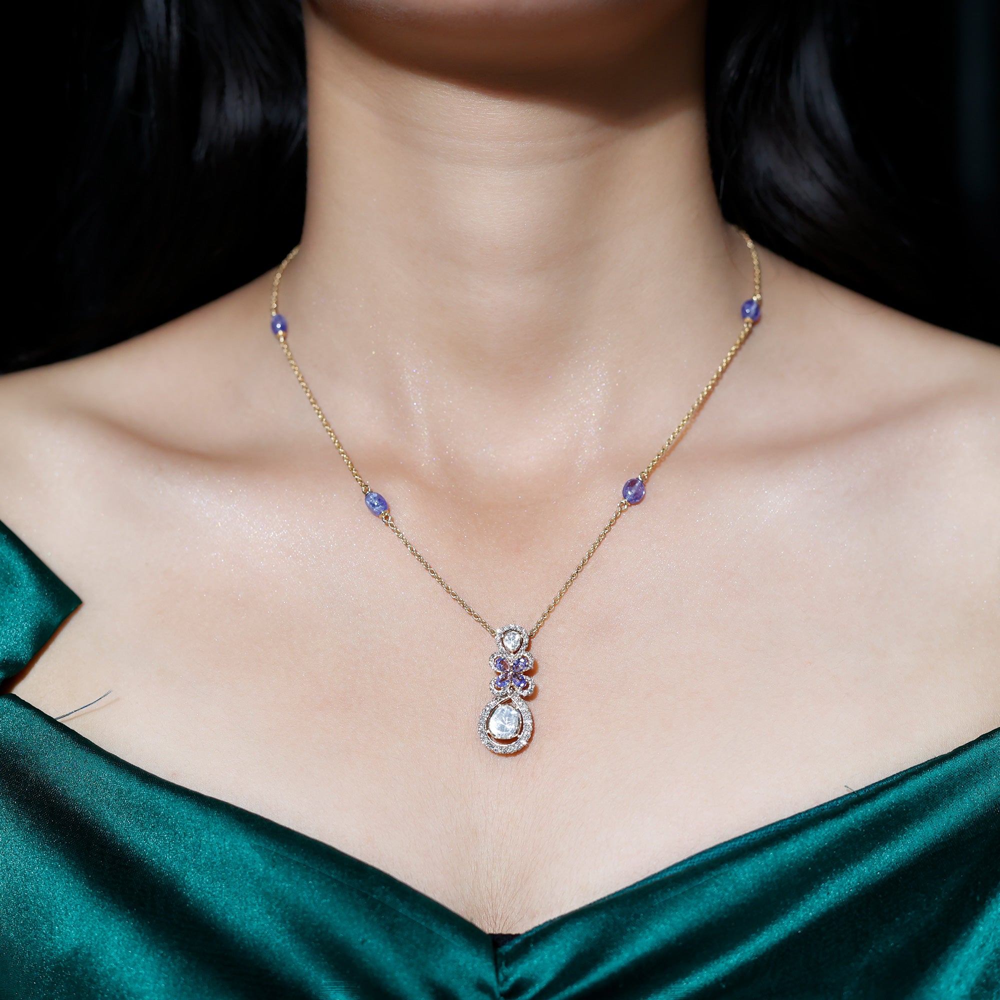 Pear Cut Tanzanite and Polki Diamond Flower Drop Pendant Necklace, 14K Yellow Gold - Rosec Jewels