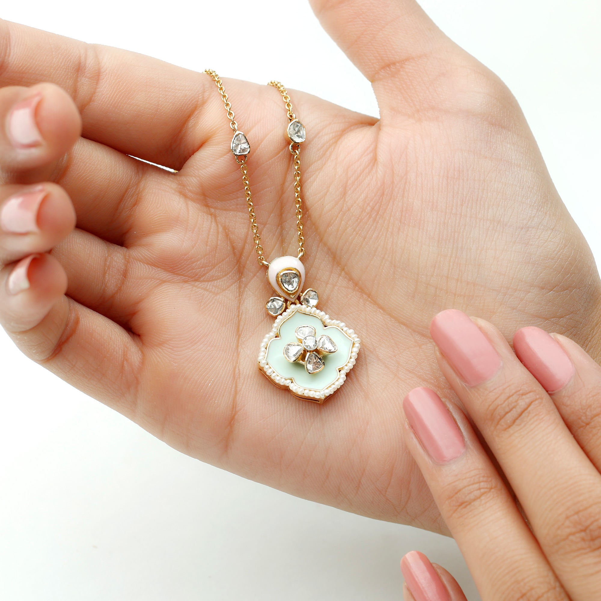 Vintage Style Polki Diamond Flower Pendant Necklace with Enamel - Rosec Jewels
