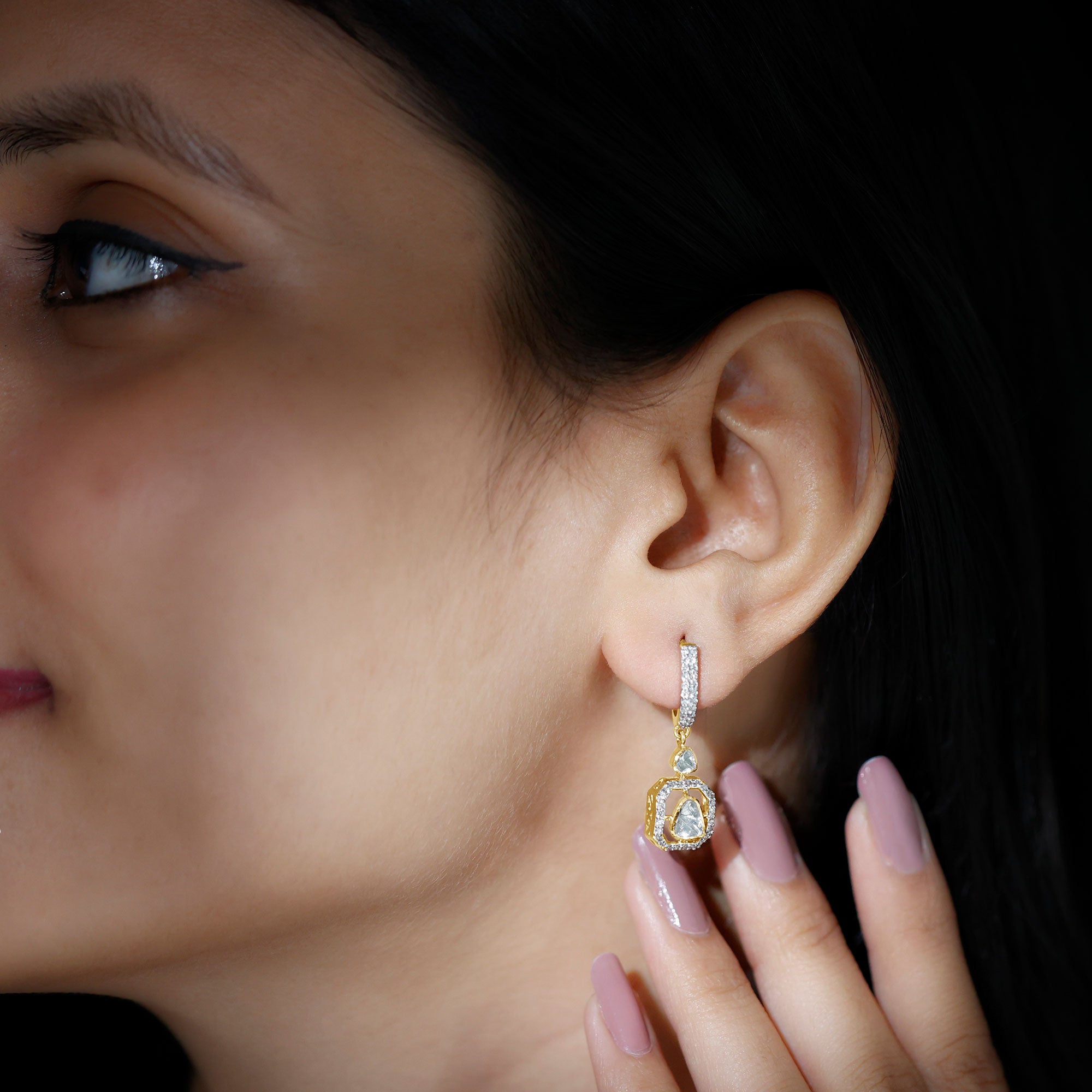 Polki Diamond J Hoop Drop Earrings with Pave Diamond - Rosec Jewels